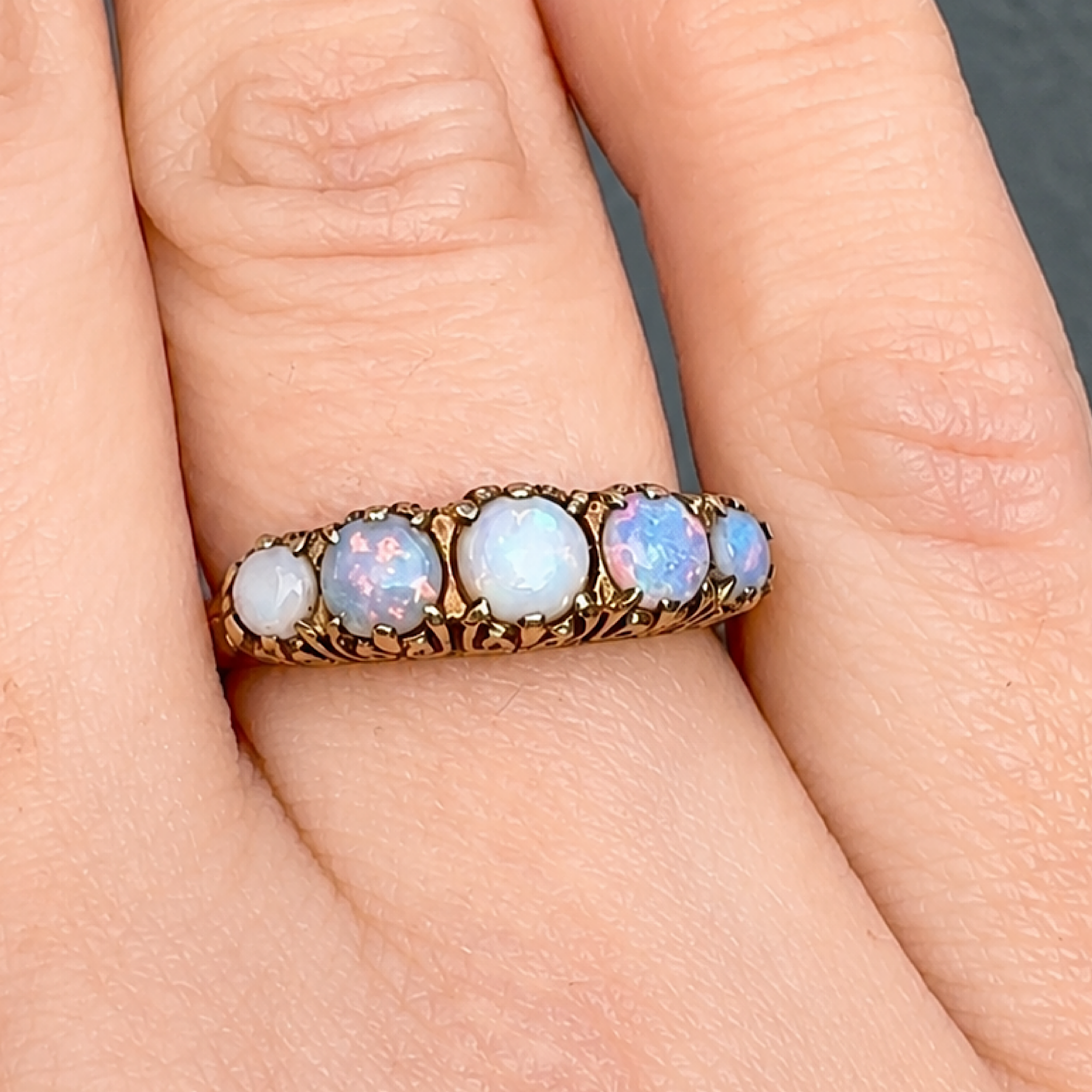 Antique Style 9ct Rose Gold Solid Opal Half Hoop Ring
