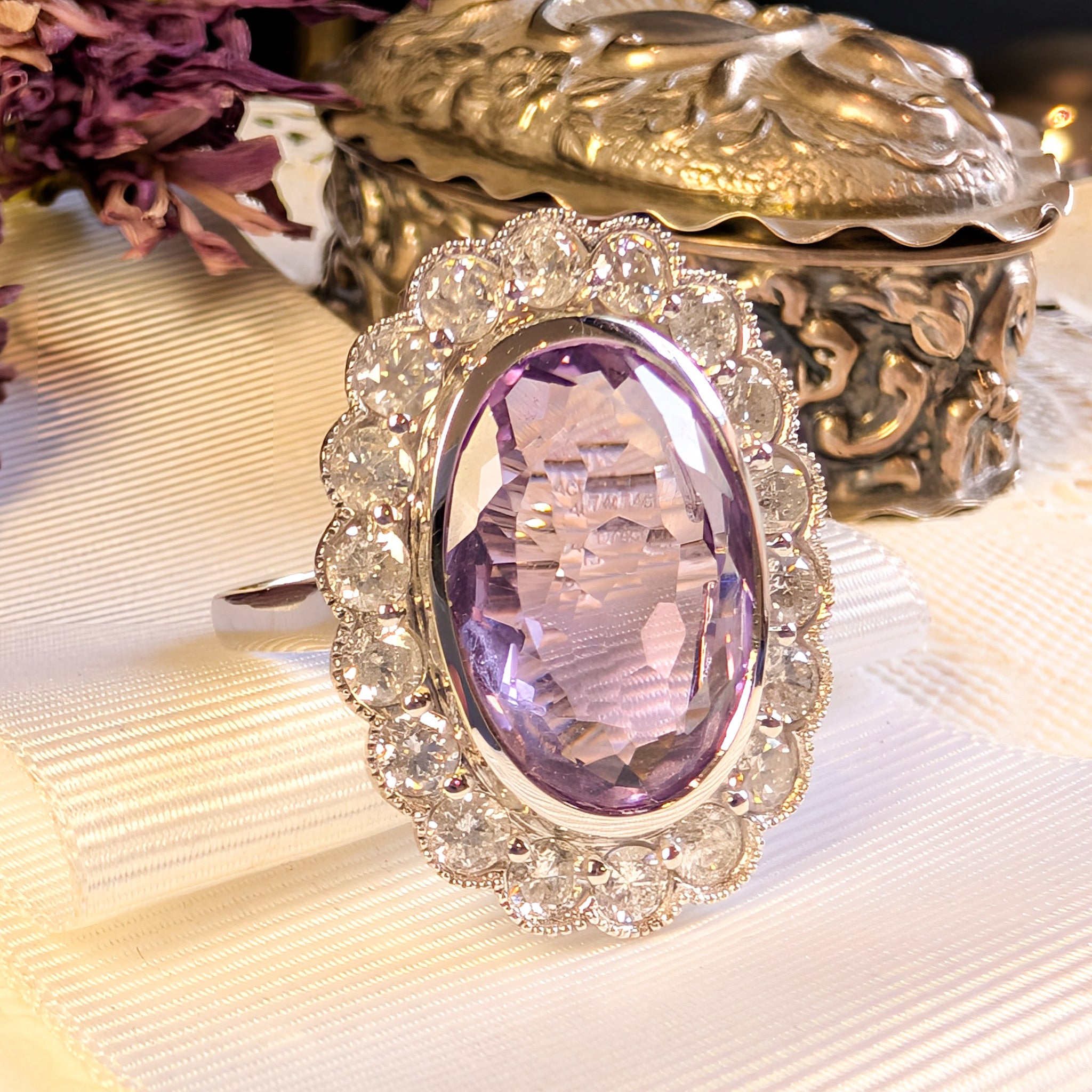 Superb 14ct White Gold Amethyst and Diamond Halo Ring Complete with an Independent Gemmological Valuation for $13,500 AUD