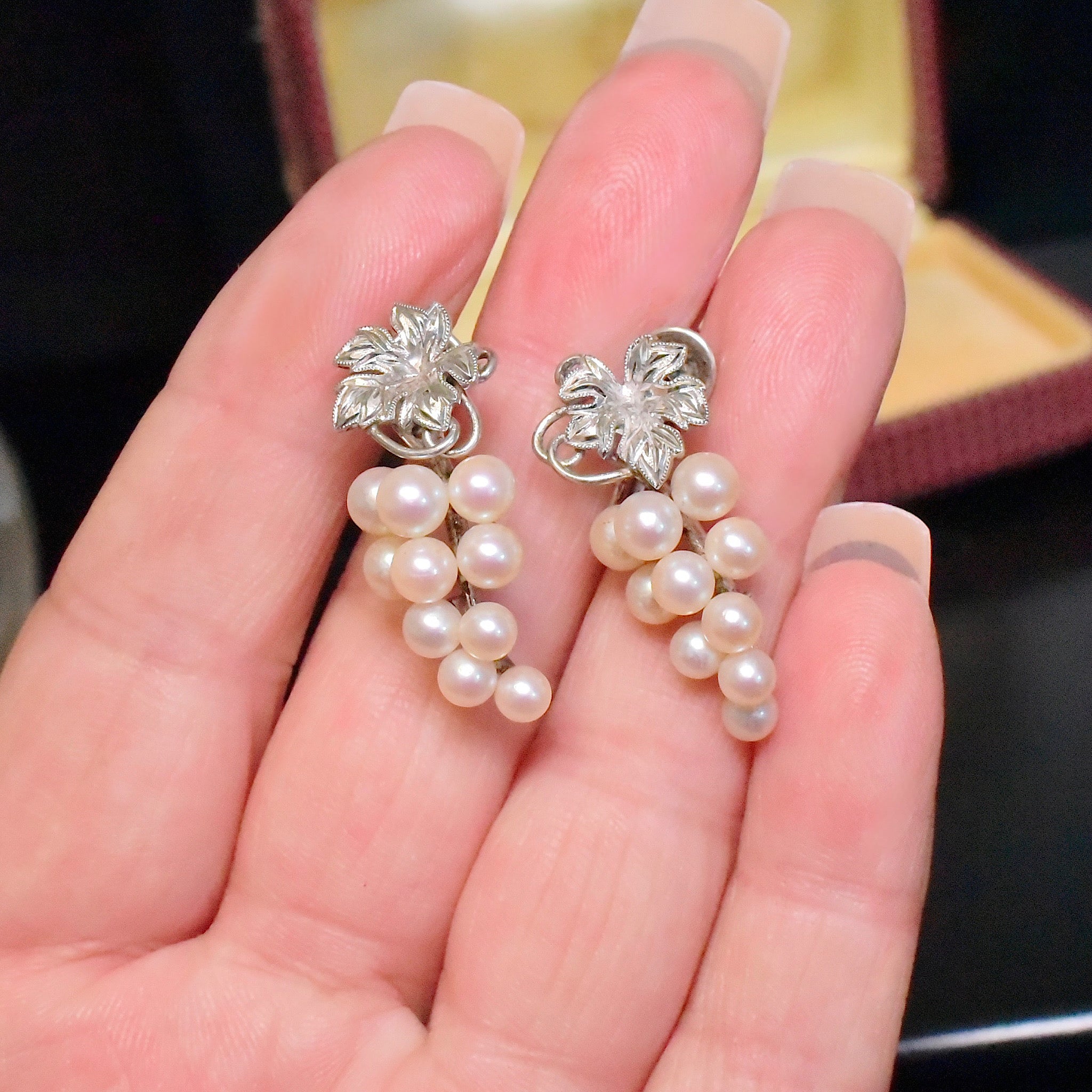 Superb Mid-Century Mikimoto Pearl And Silver ‘Grape’ Earrings Circa 1950’s