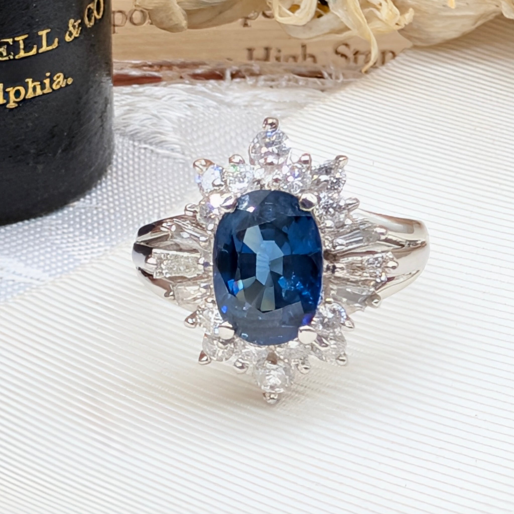 Superb Platinum Sapphire and Diamond Cluster Ring Complete With An Indepedent Gemmological Valuation for $14,380 AUD