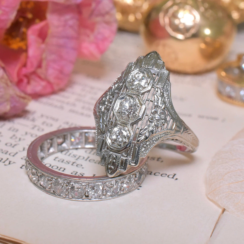 Antique Art Deco 18ct White Gold And Diamond ‘North To South’ /Dinner’ Ring Circa 1920-30’s