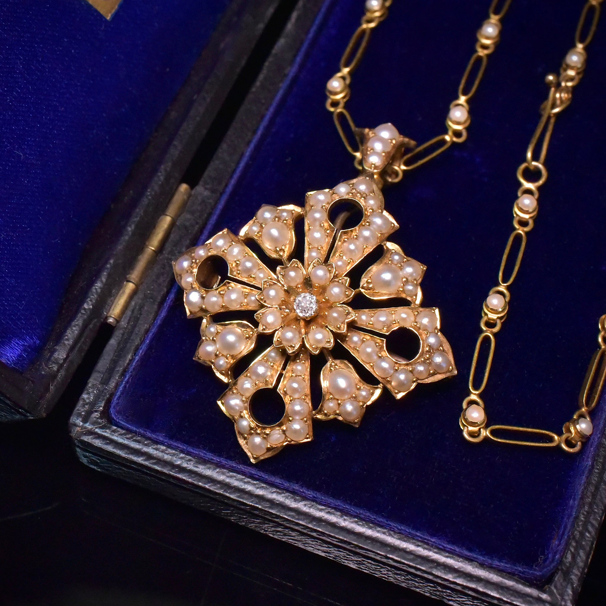 Antique Victorian Australian 18ct Yellow Gold Diamond And Pearl Starburst Pendant/Brooch And Necklace C1890-1900 By S. Schlank, S. Schlank and Co.