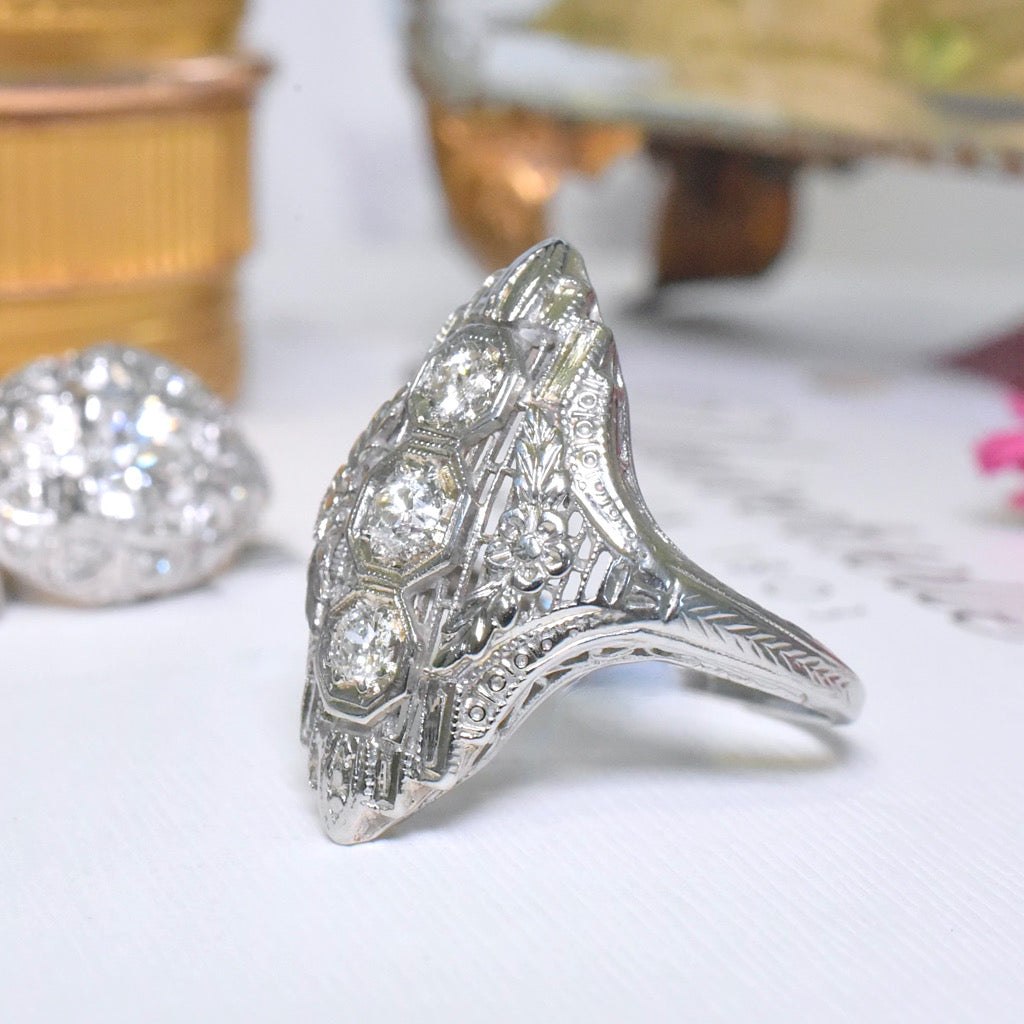 Antique Art Deco 18ct White Gold And Diamond ‘North To South’ /Dinner’ Ring Circa 1920-30’s