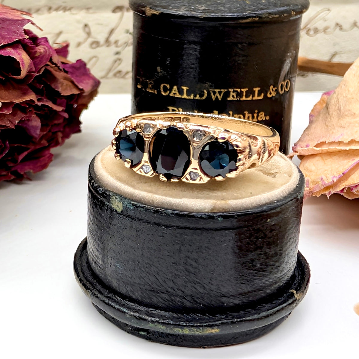 Vintage 9ct Yellow Gold Sapphire and Diamond Bridge Ring Birmingham 1978