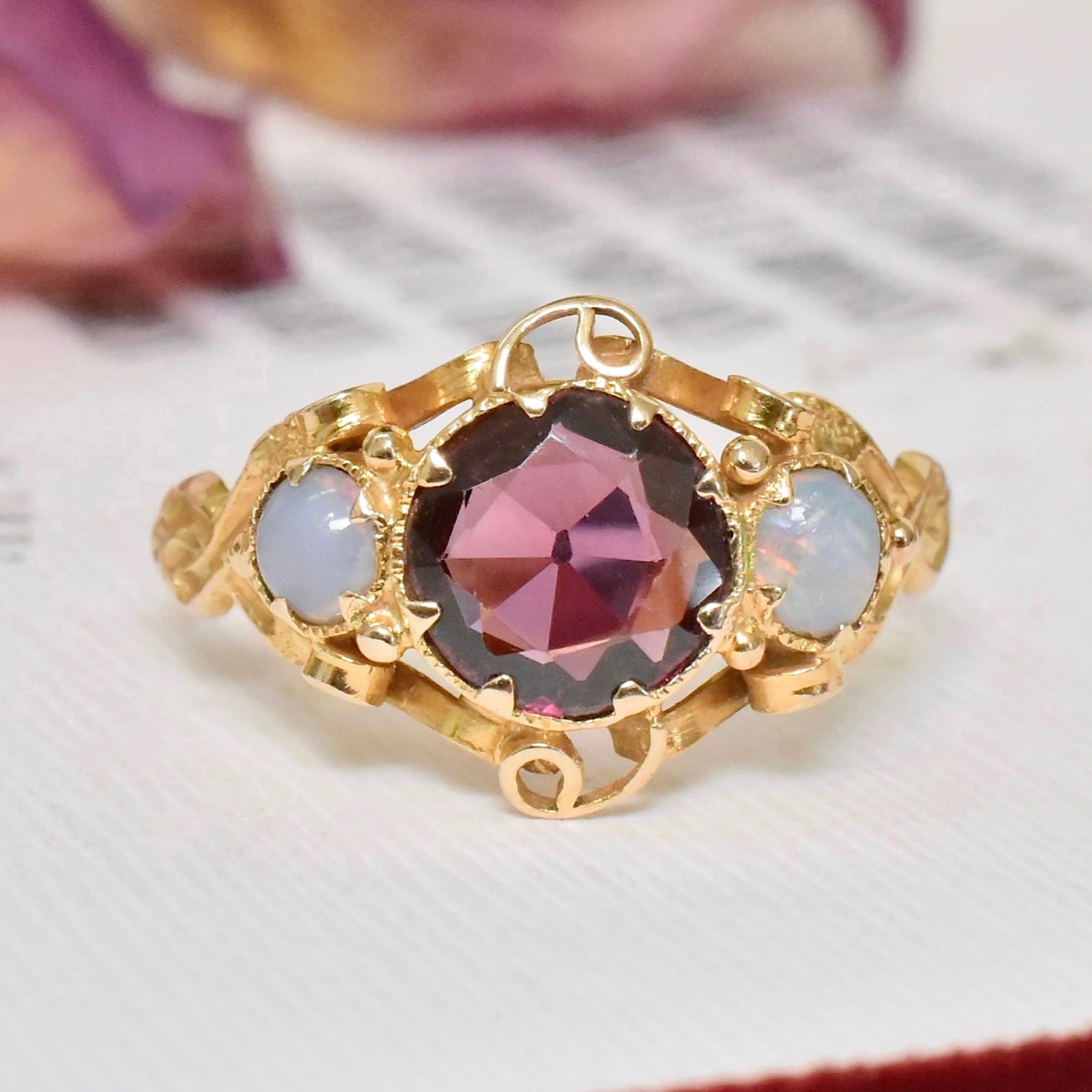 Stunning Antique Victorian 15ct (and 9ct) Yellow Gold Garnet And Opal Ring Circa 1870-1890