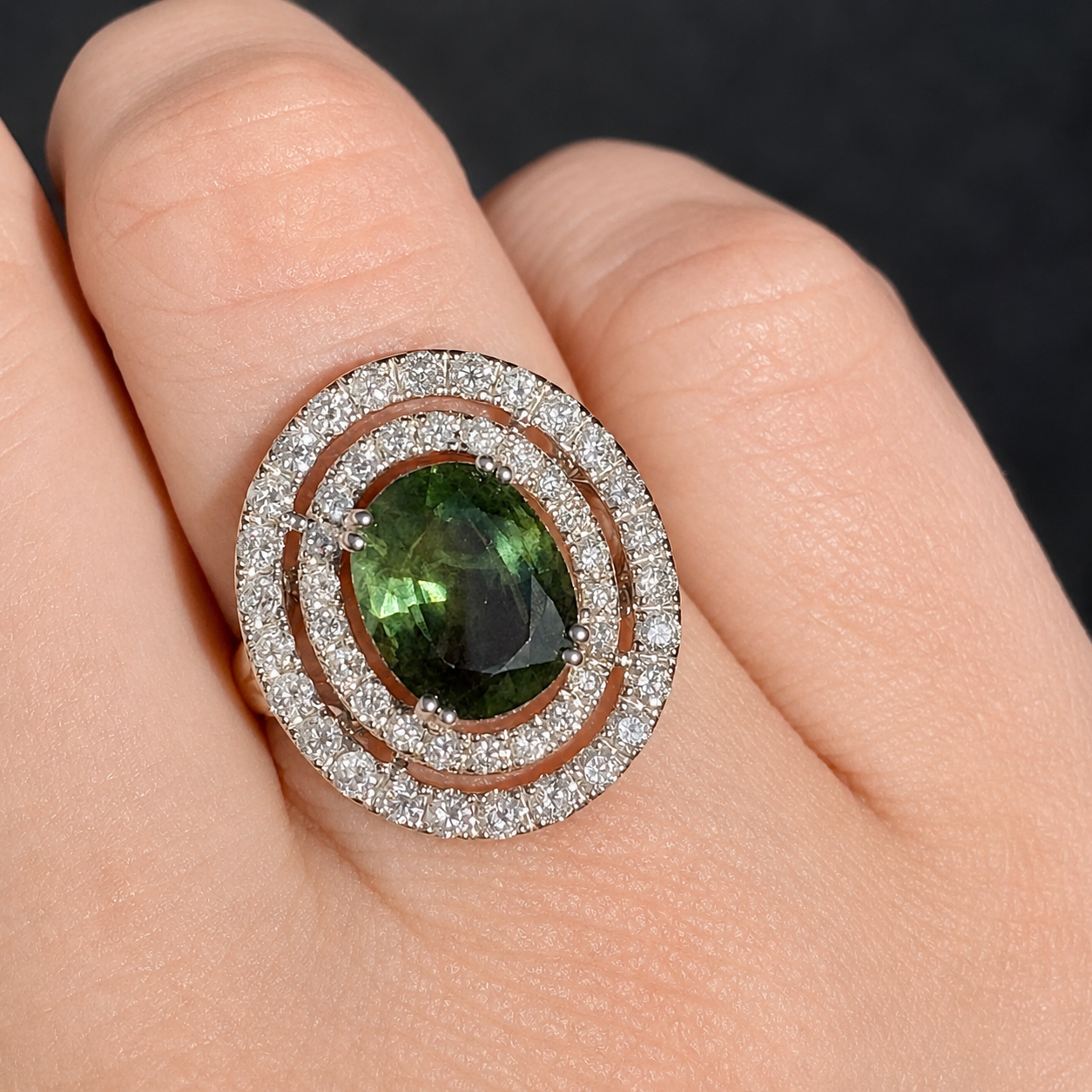 Stunning Contemporary 14ct White Gold Green Sapphire & Diamond Double Halo Ring. Independent Gemmological Valuation included $16,100 AUD