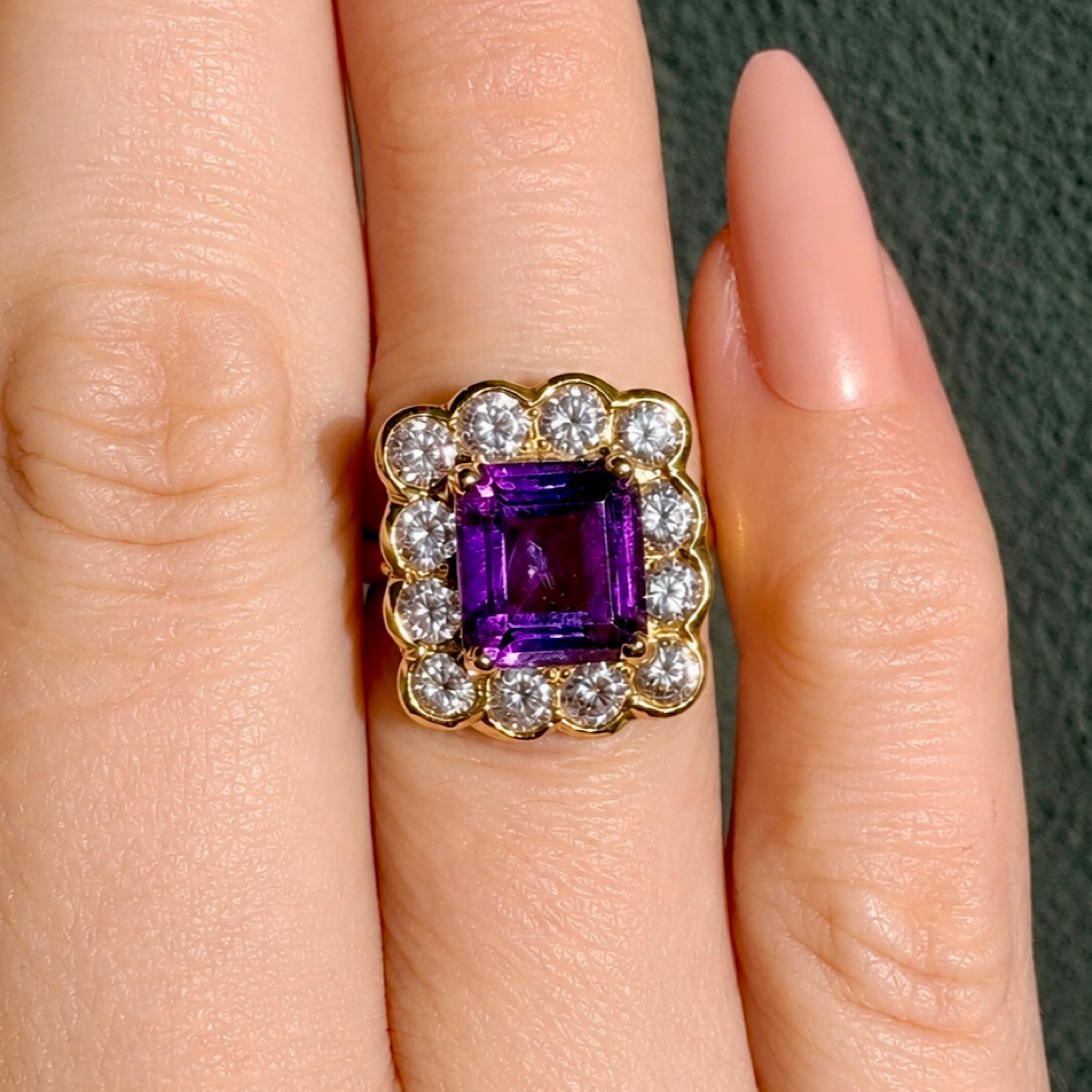 Superb Contemporary 18ct Yellow Gold Emerald-Cut Amethyst & Diamond Cluster Ring Complete with an Independent Valuation for $11,000 AUD