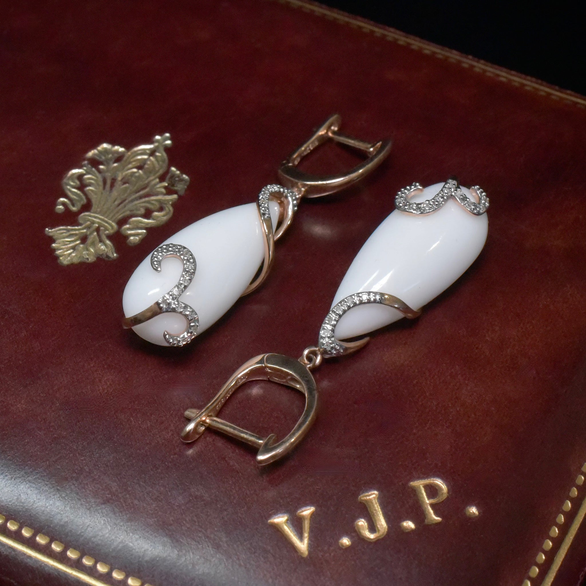 Contemporary 14ct Rose Gold Diamond And Ceramic Tear-Drop Earrings