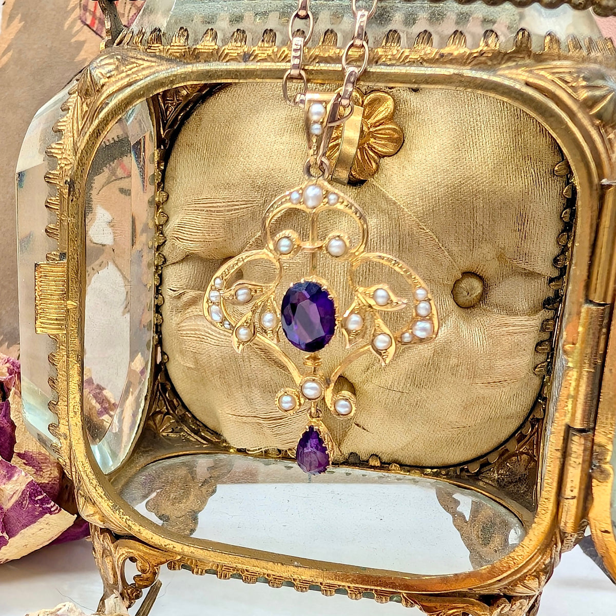 Antique Edwardian 9ct Yellow Gold Amethyst And Seed Pearl Pendant Circa 1910