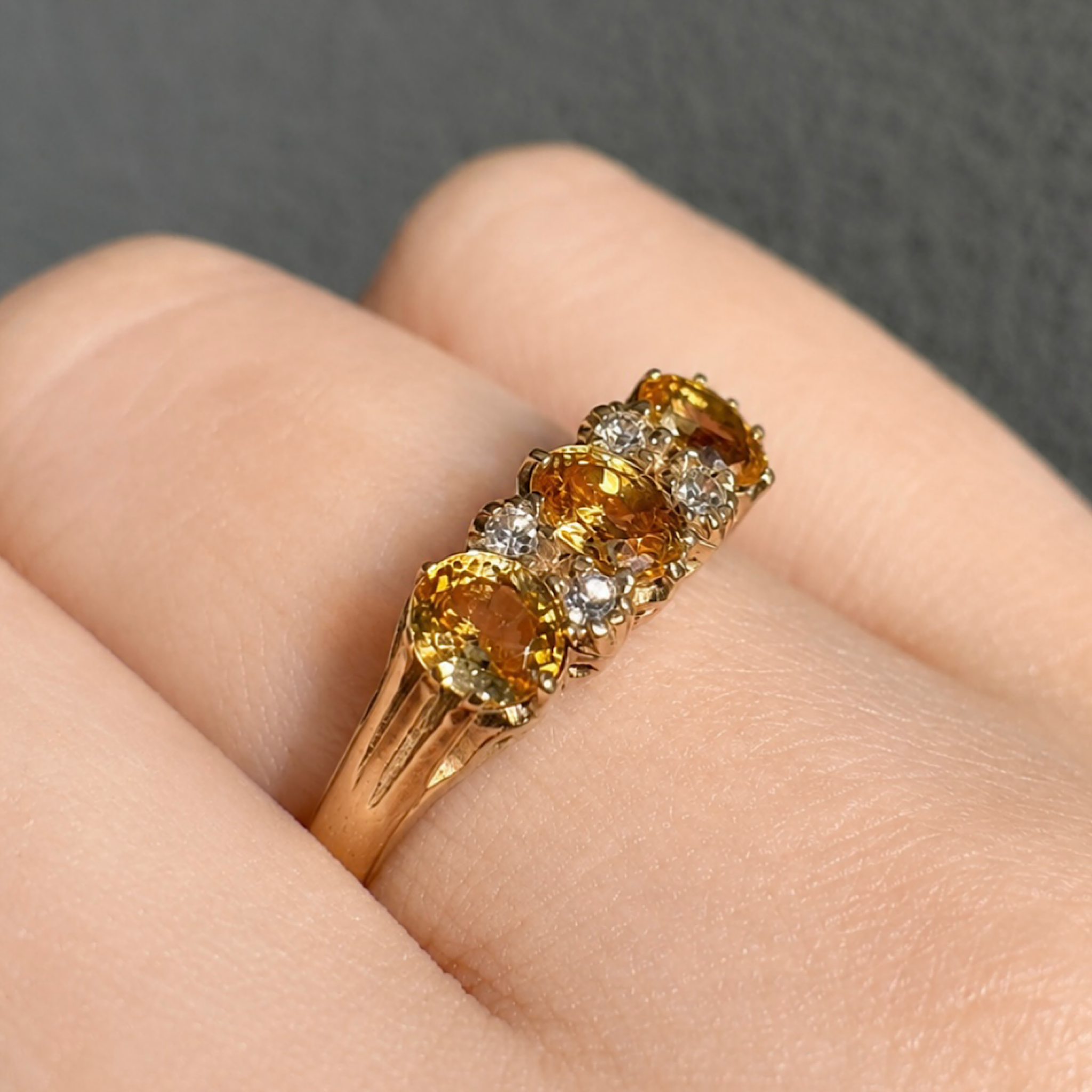 Vintage 9ct Yellow Gold Yellow Sapphire & Diamond ‘Trilogy’ Ring London 1984