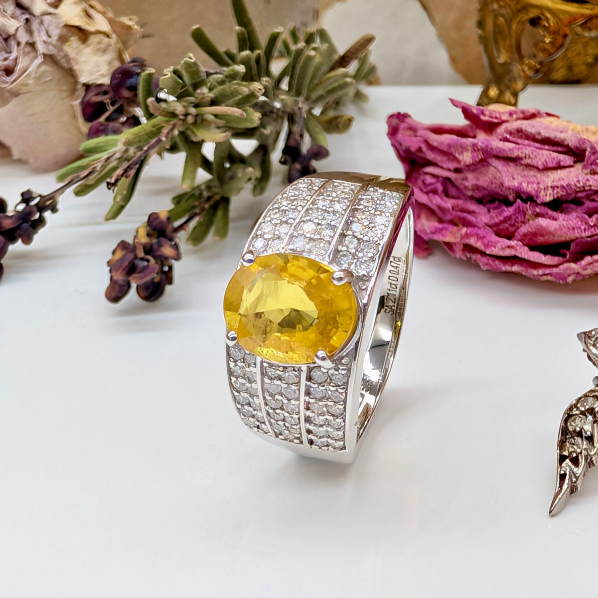 Stunning 14ct White Gold 2.11ct Golden Yellow Sapphire & 0.47ct Diamond Ring — Complete With An Independent Gemmological Valuation For $12,200 AUD