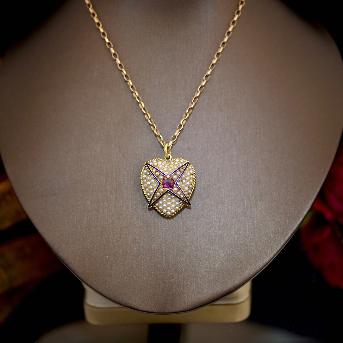Victorian 18ct Yellow Gold Ruby Pearl Blue Enamel Celestial Heart Pendant Circa 1870-80