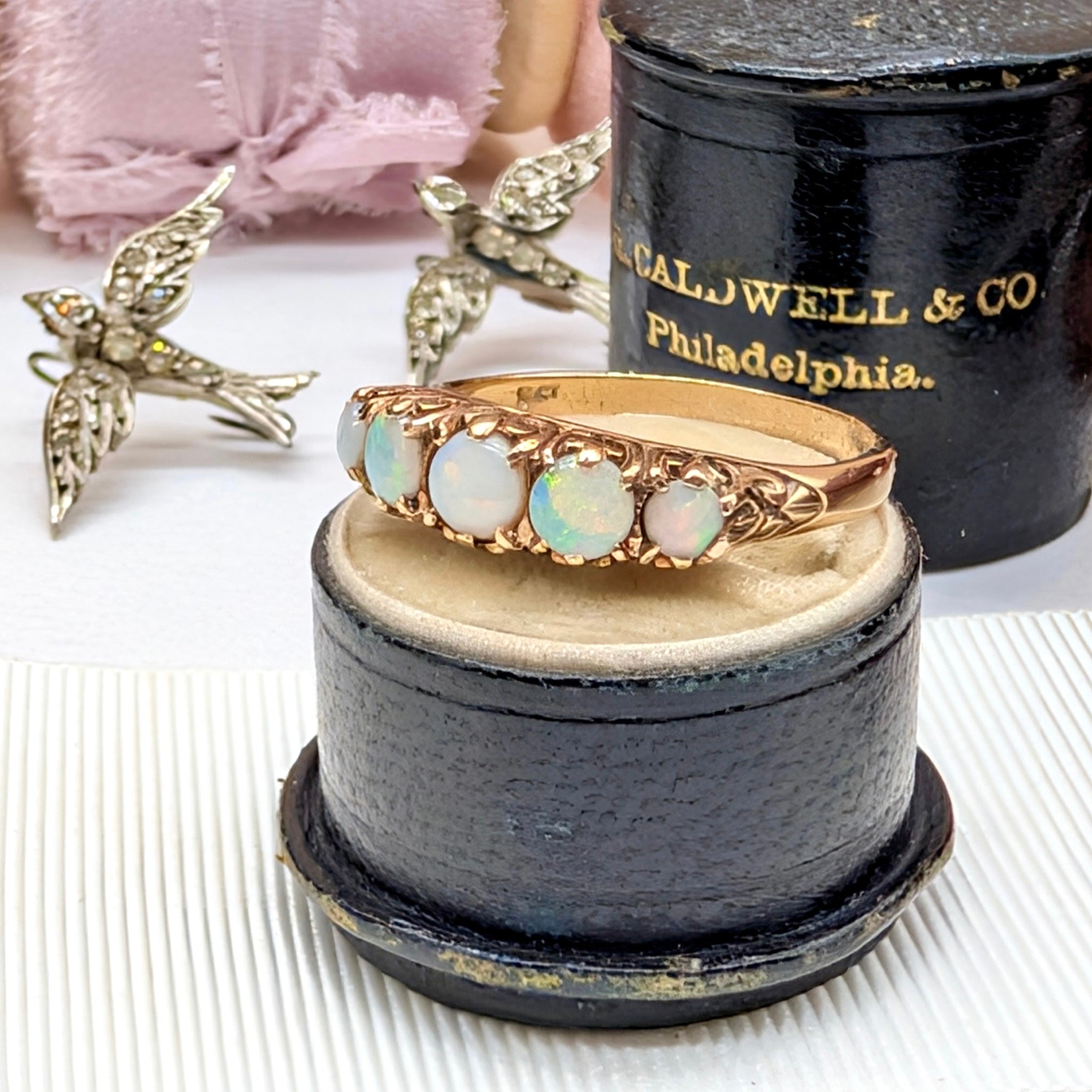 Antique Style 9ct Rose Gold Solid Opal Half Hoop Ring