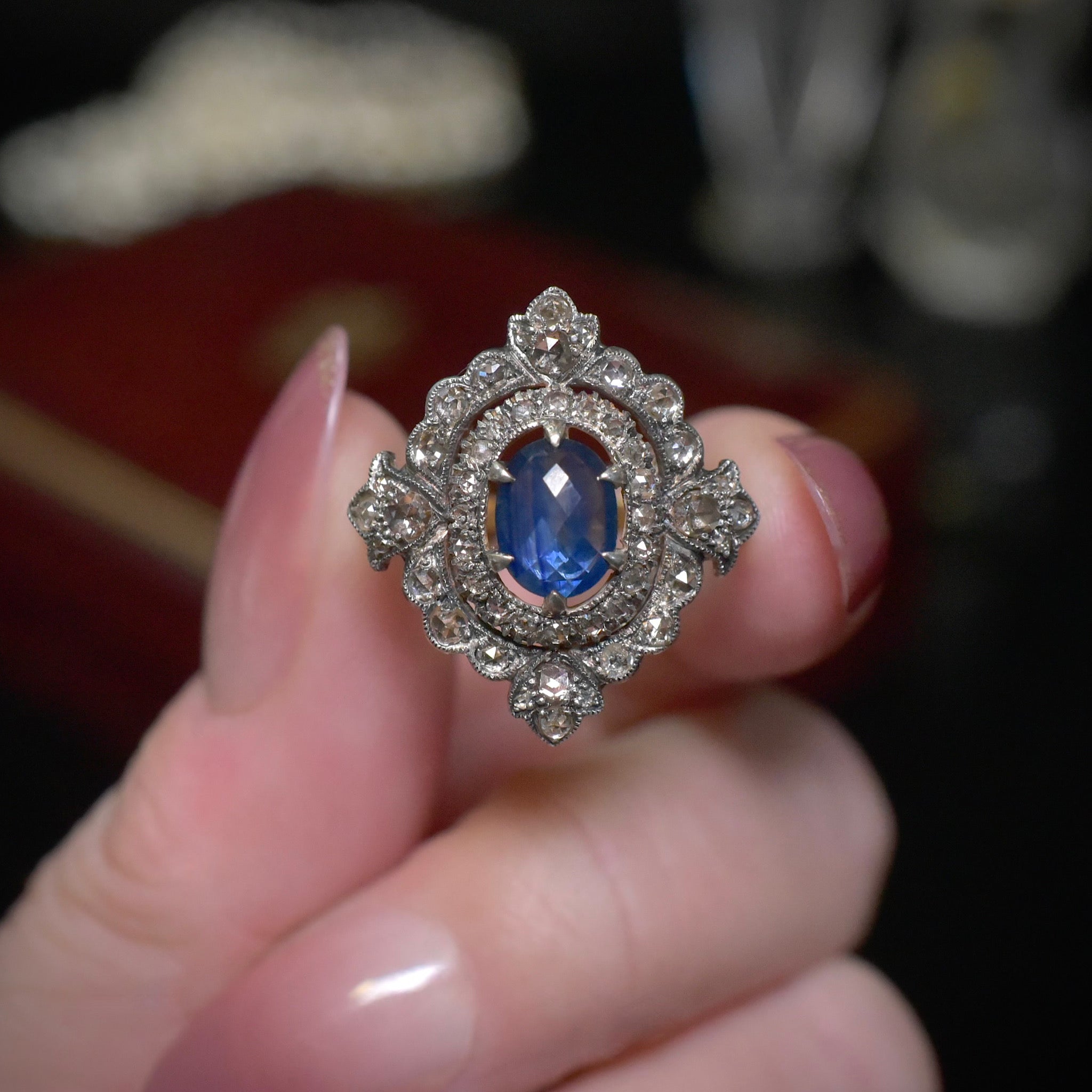 Superb 18ct Gold And Silver Sapphire And Diamond ‘Antique Style’ Ring