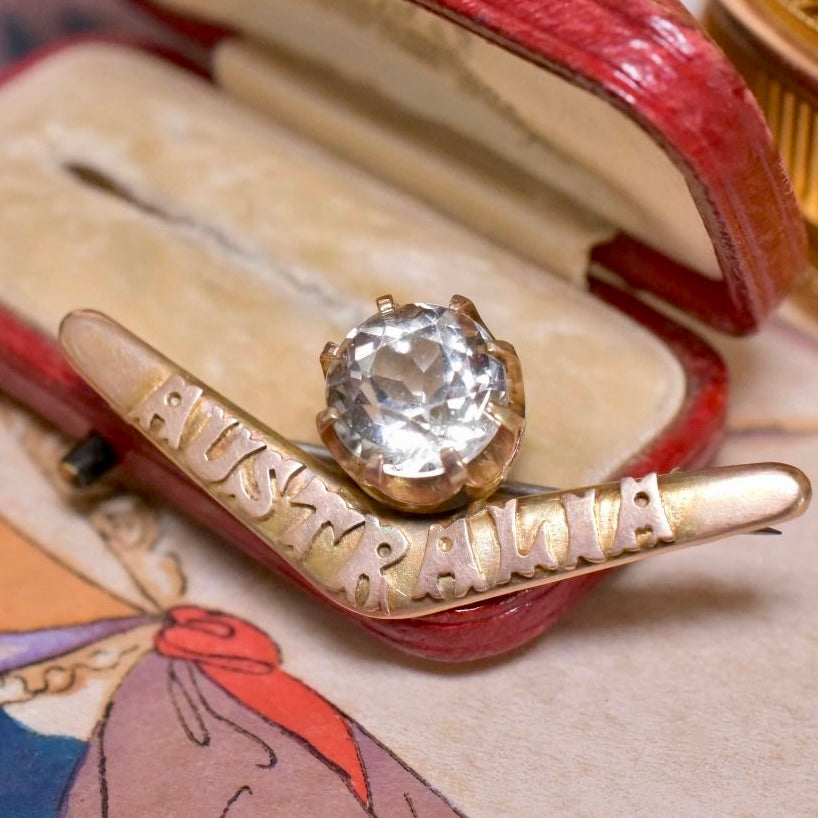 Antique Edwardian Australian 9ct Yellow Gold Antique-Cut Quartz ‘Australia’ Federation Boomerang Brooch