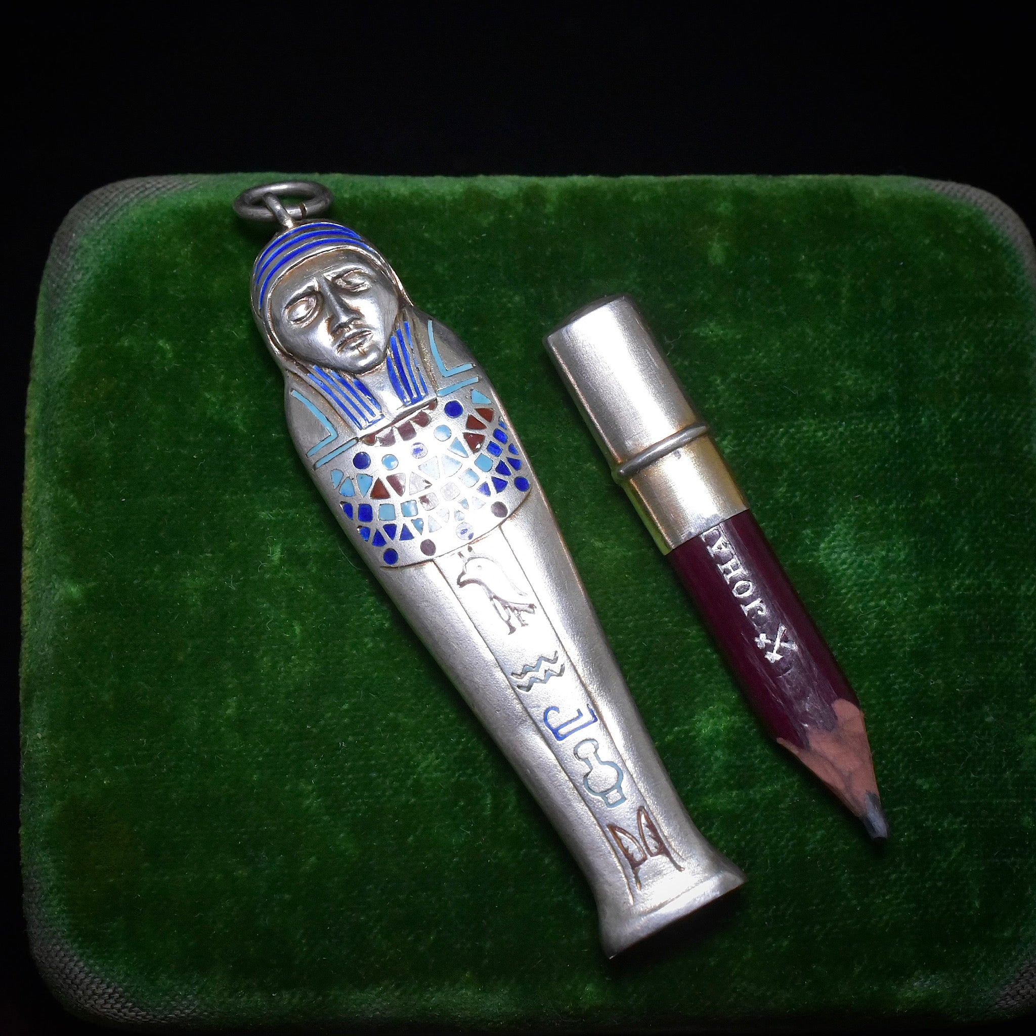 Antique Art Deco Egyptian Revival Silver And Enamel ‘Mummy’ Pencil Circa 1920-30