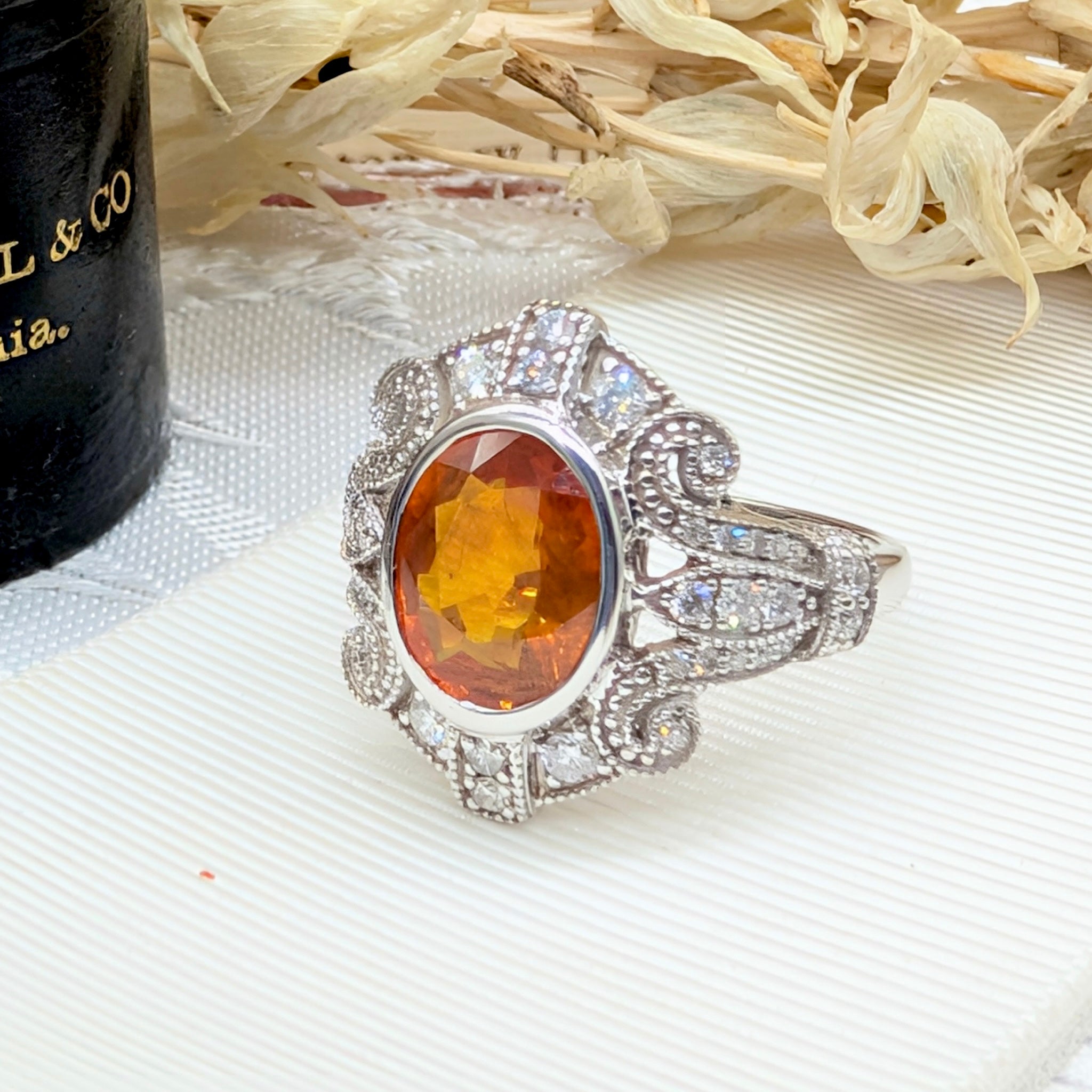 Spectacular 14ct White Gold Orange Sapphire & Diamond Art Deco-Inspired Ring With Independent Gemmological Valuation for $15,000 AUD
