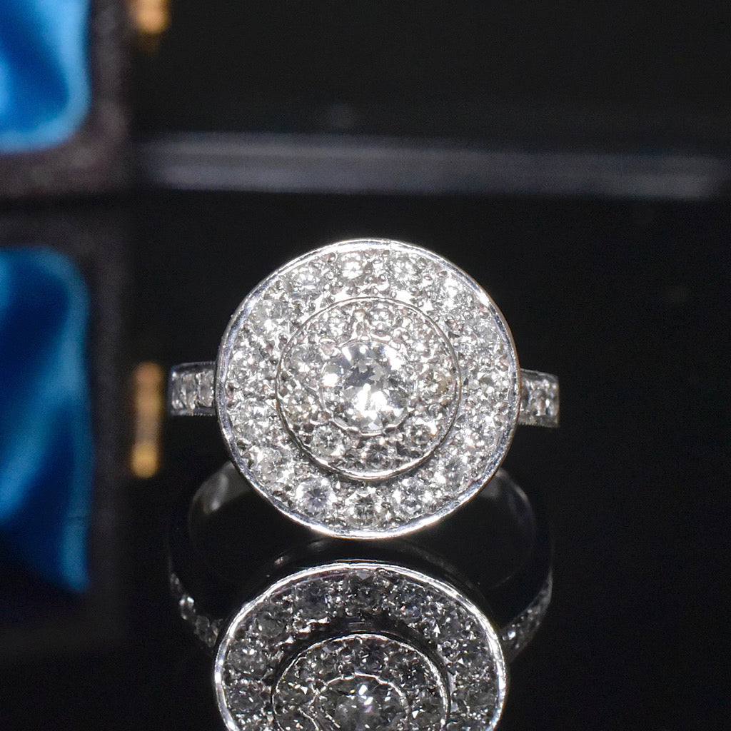 Vintage Estate 18ct White Gold And Diamond Target/Halo Cluster Ring - 1.40ct