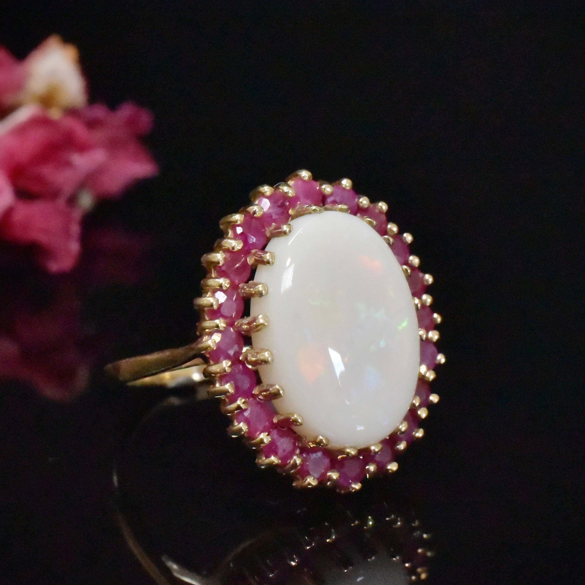 Modern 9ct Yellow Gold Solid White Opal And Ruby Halo Ring