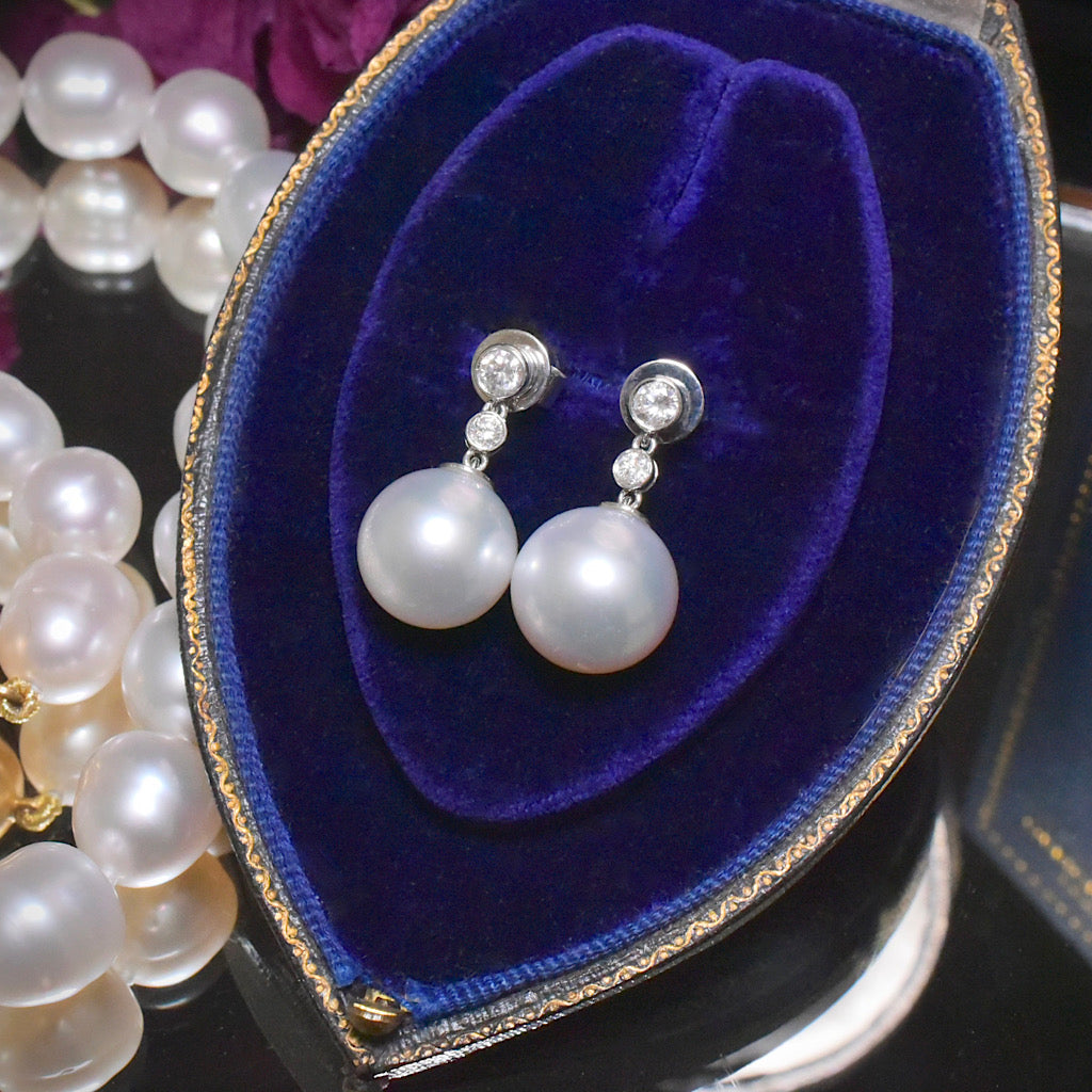 Superb 14ct White Gold South Sea Pearl And Diamond Earrings