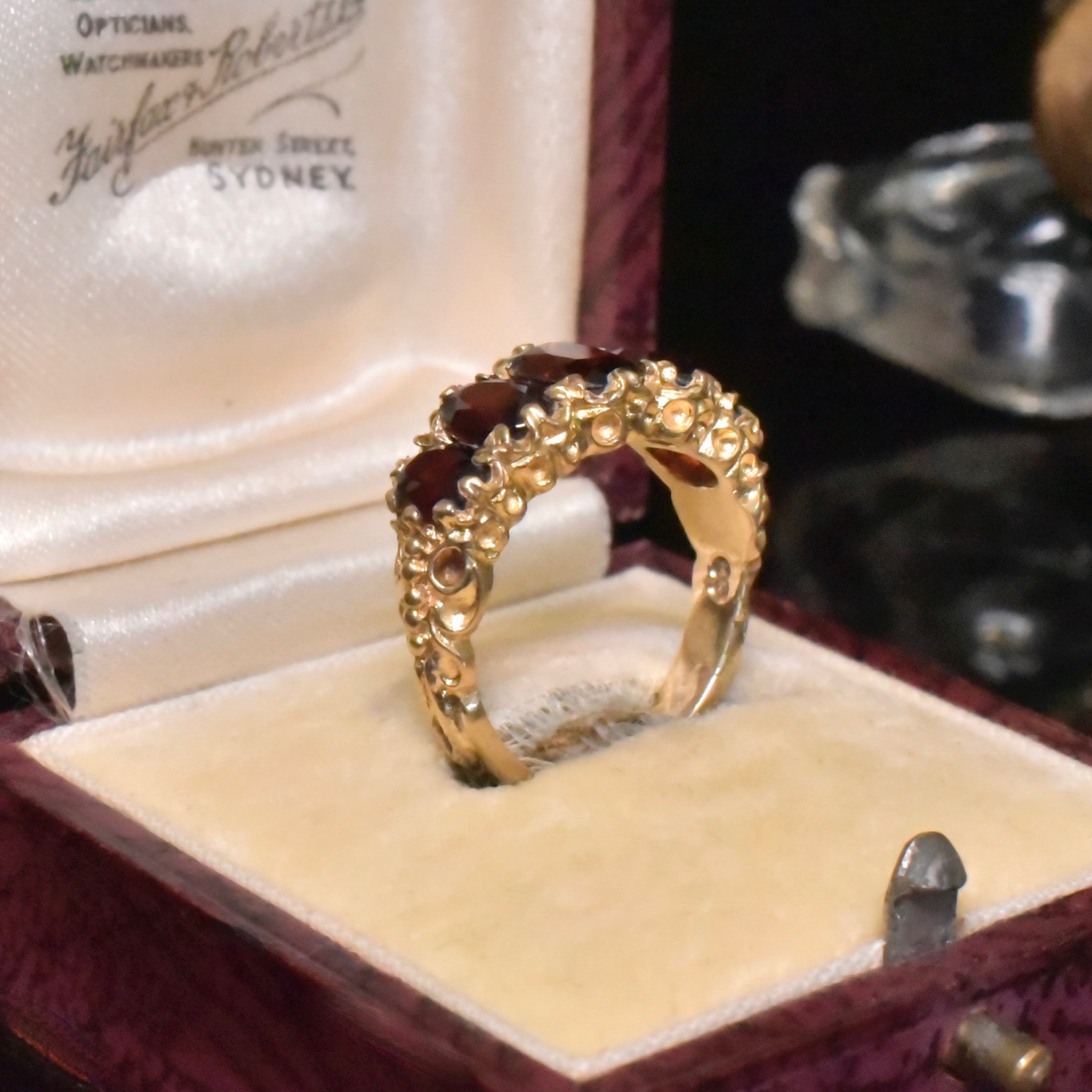 Vintage 9ct Yellow Gold Garnet Five-Stone Half Hoop Ring - Birmingham 1972