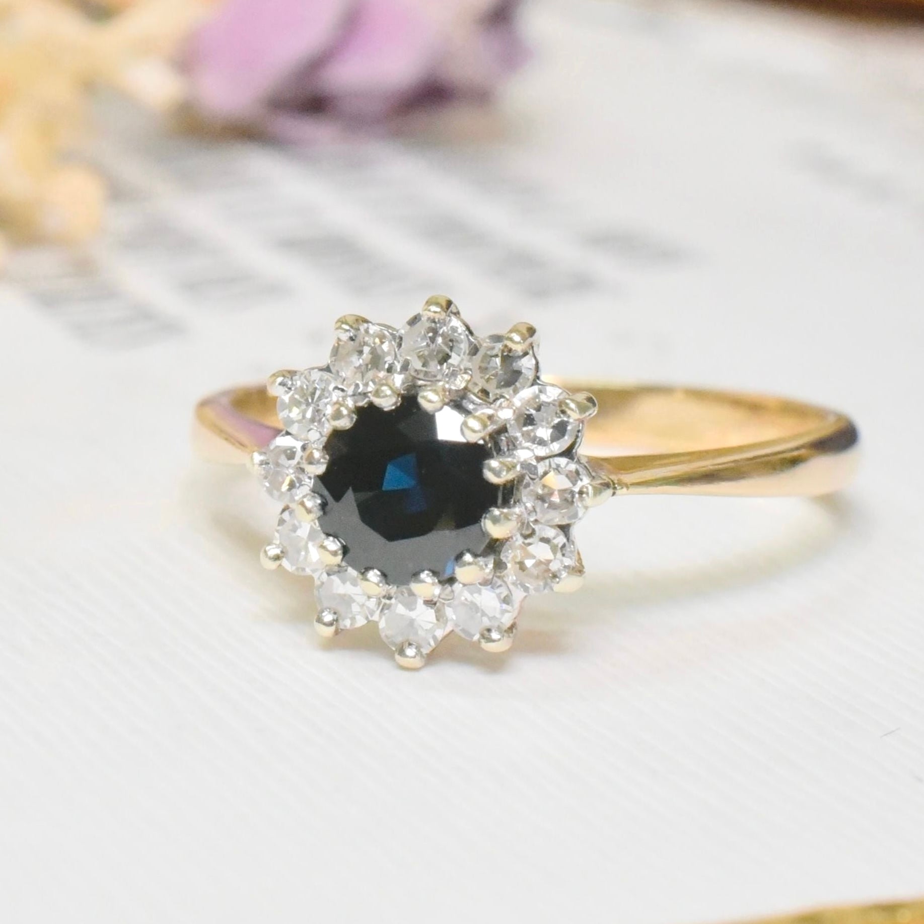 Contemporary 9ct Yellow Gold Sapphire And Diamond Daisy Cluster Ring