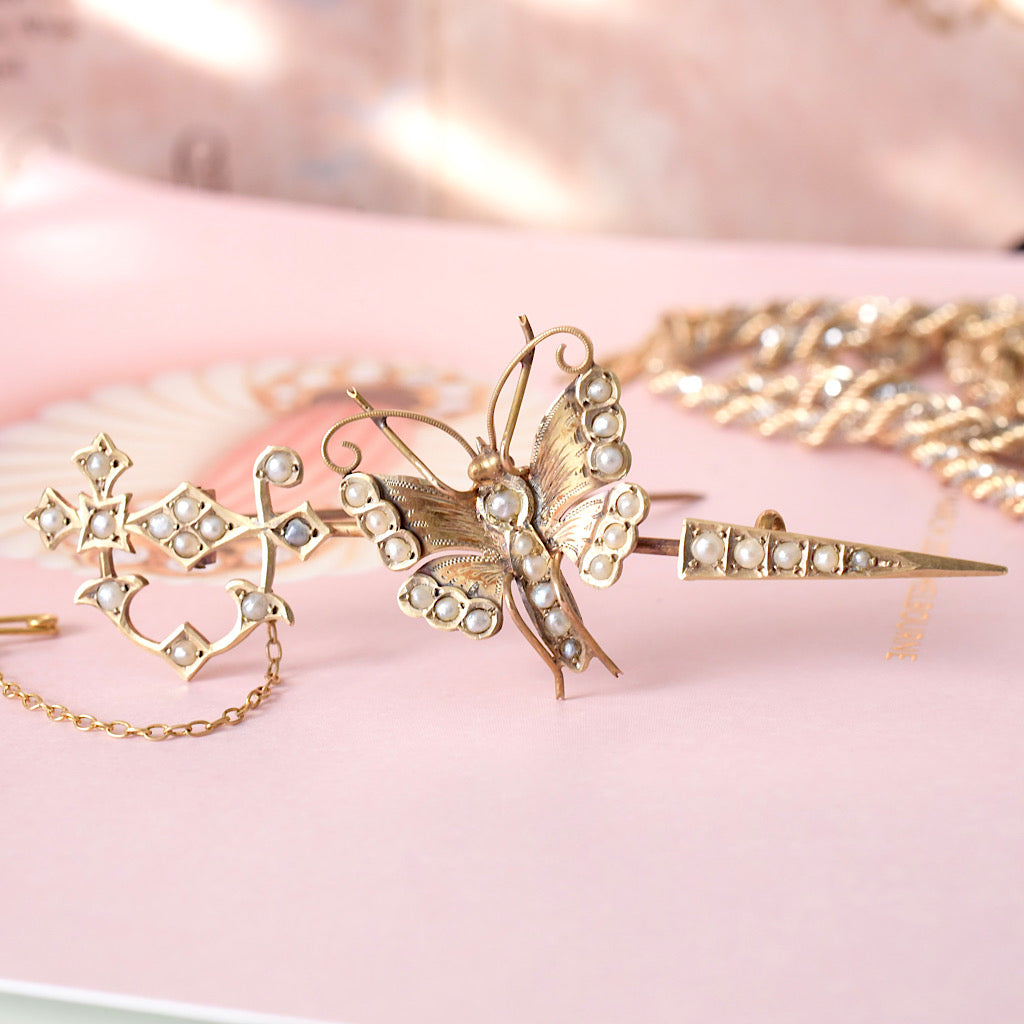 Antique Australian Willis and Sons 15ct Gold Seed Pearl Butterfly Arrow Brooch Circa 1910