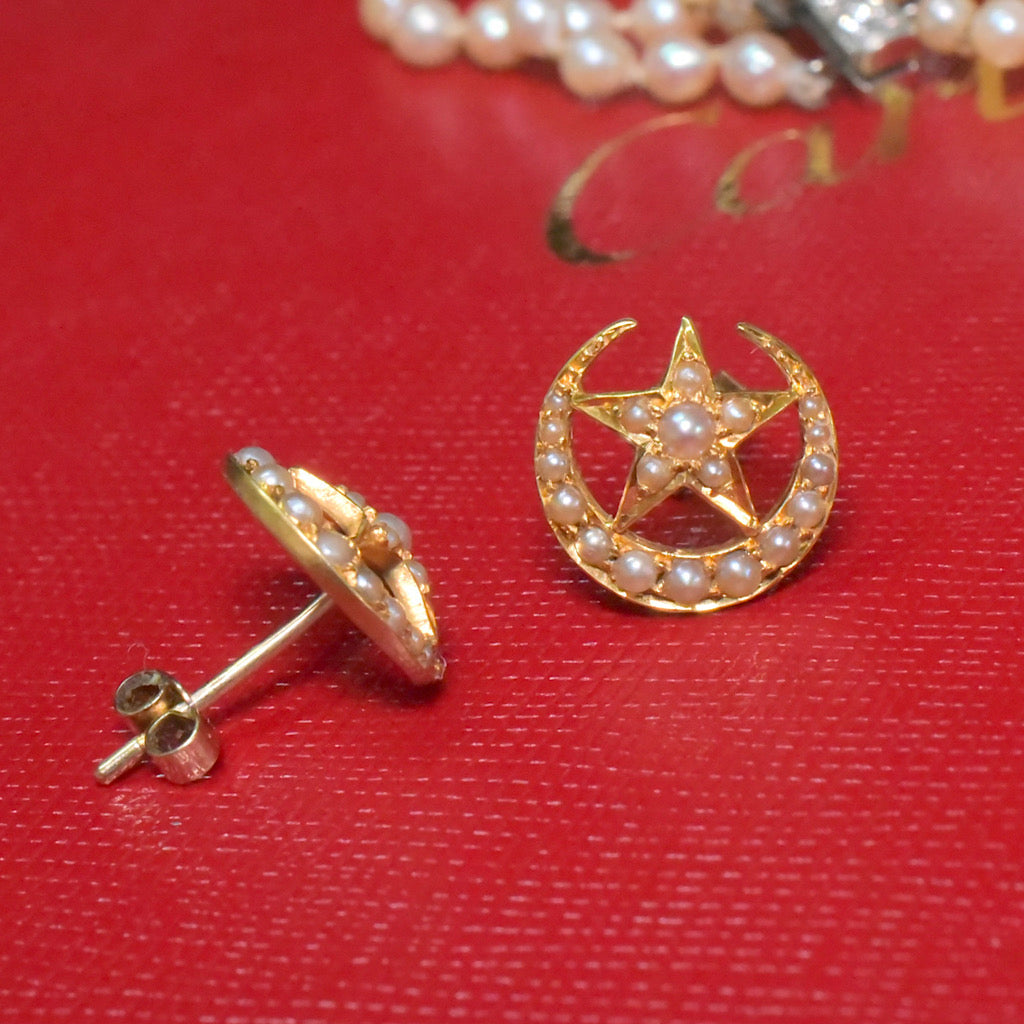 Antique 15ct Yellow Gold ‘Celestial’ Half Pearl Earrings Circa 1890-1900
