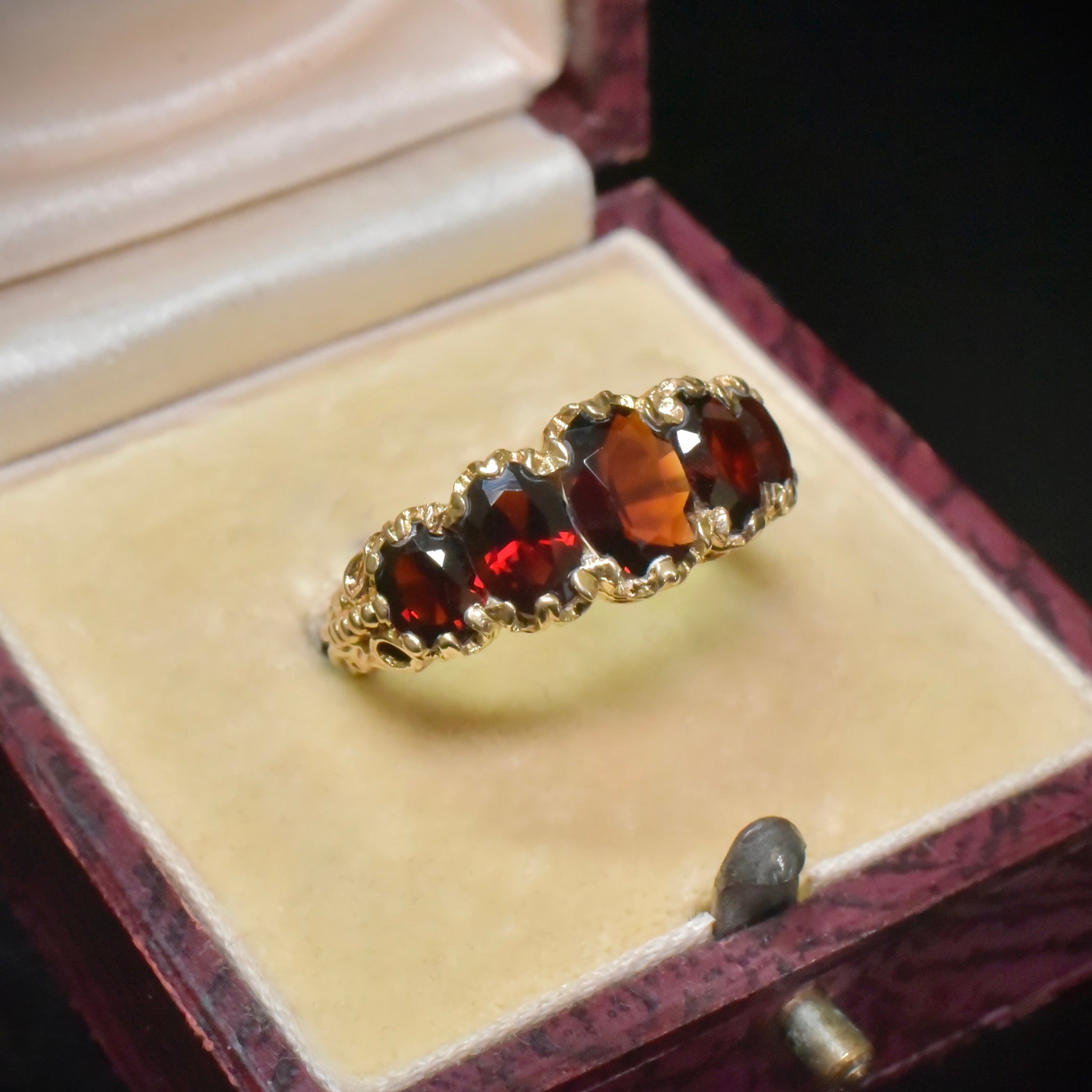 Vintage 9ct Yellow Gold Garnet Five-Stone Half Hoop Ring - Birmingham 1972
