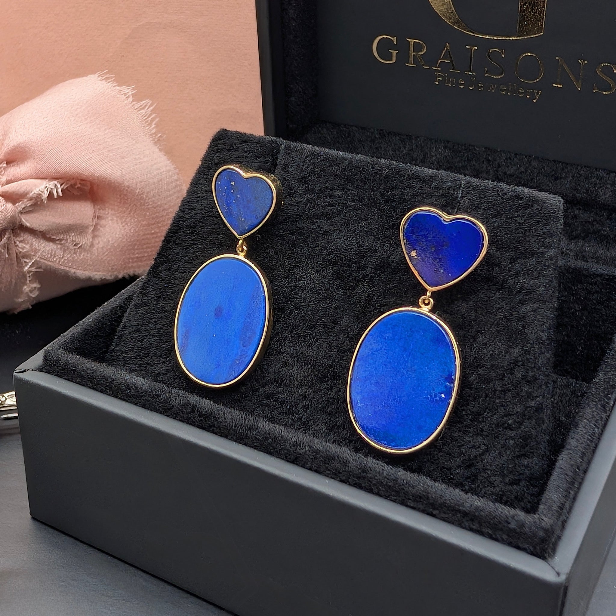 Contemporary 14ct Yellow Gold Lapis Lazuli Drop Earrings
