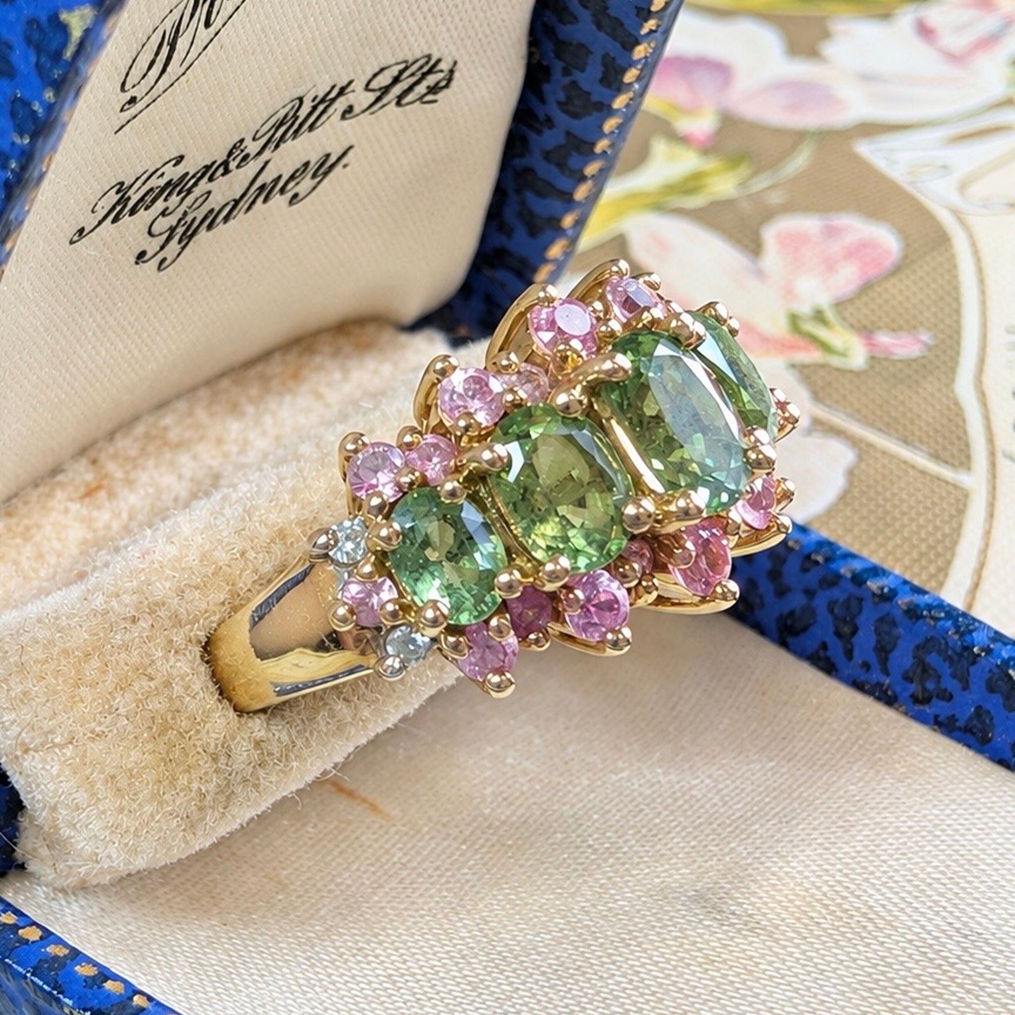 Gorgeous Contemporary 9 Carat Yellow Gold Peridot, Pink Sapphire & Diamond Ring - Birmingham 2004