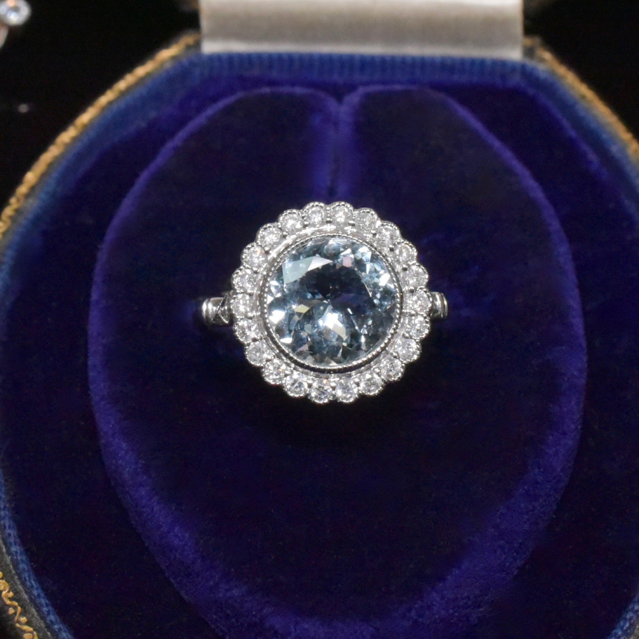 Modern 14ct White Gold Aquamarine And Diamond Daisy Halo Cluster