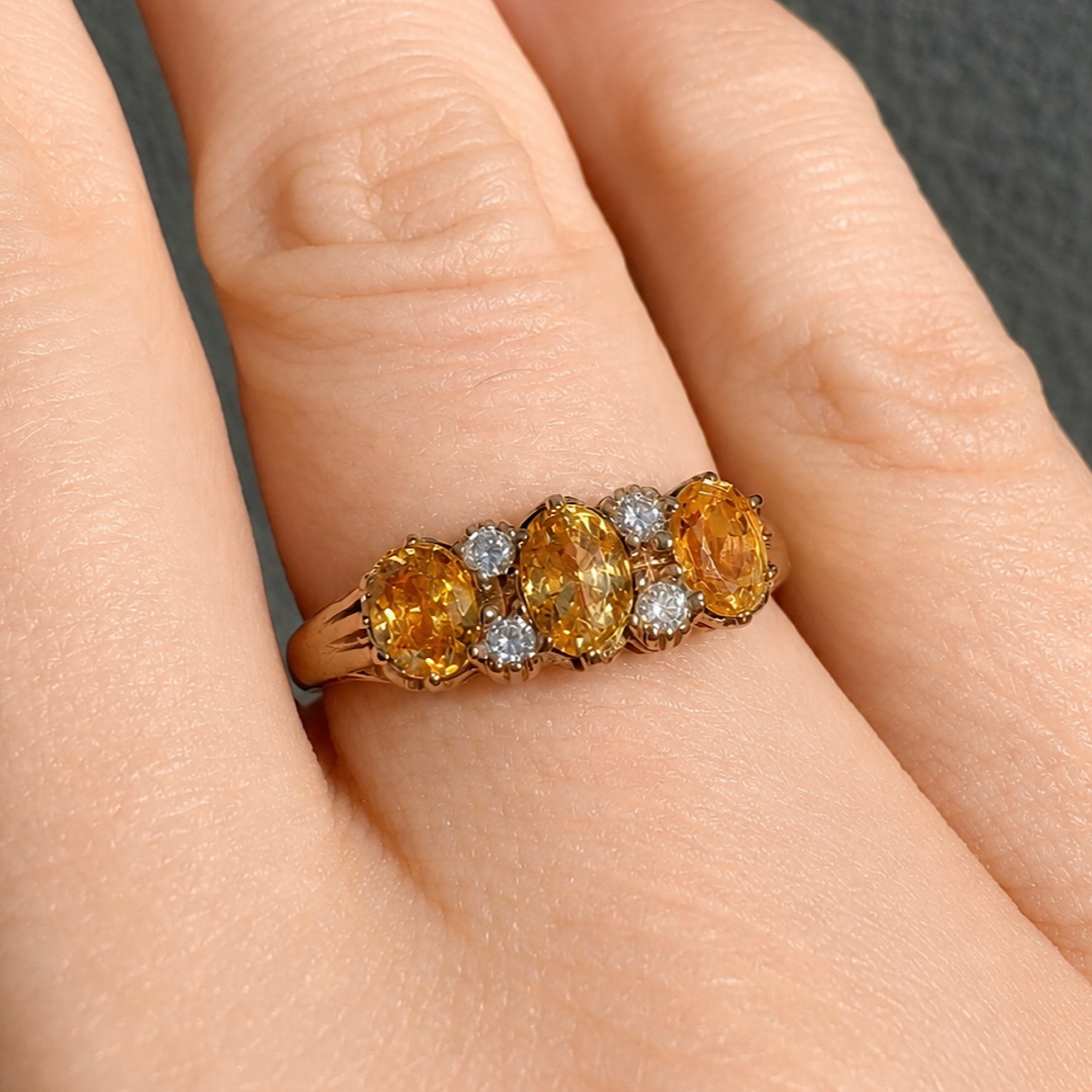 Vintage 9ct Yellow Gold Yellow Sapphire & Diamond ‘Trilogy’ Ring London 1984