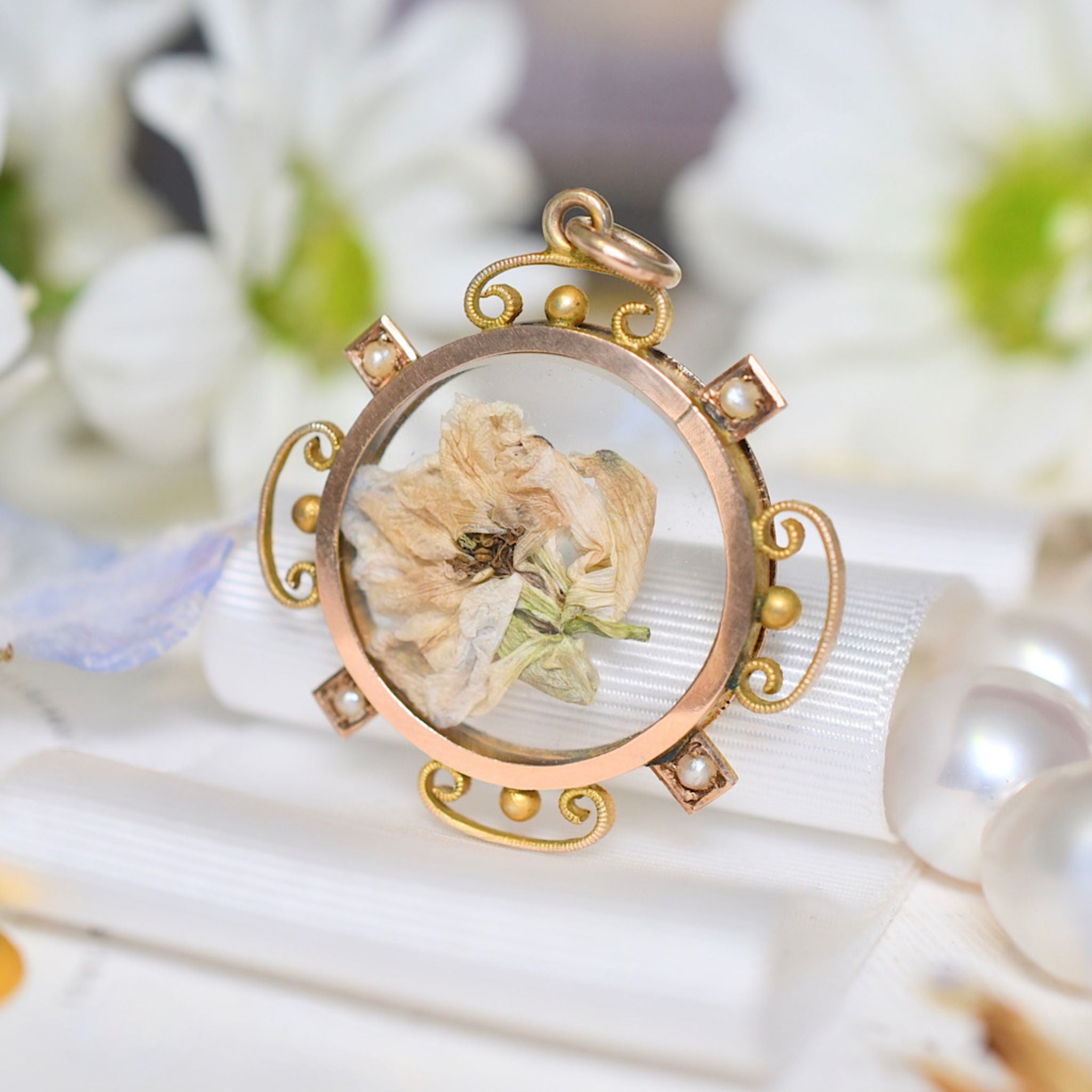 Antique Edwardian 9ct Rose Gold Double Sided Seed Pearl Photo Locket