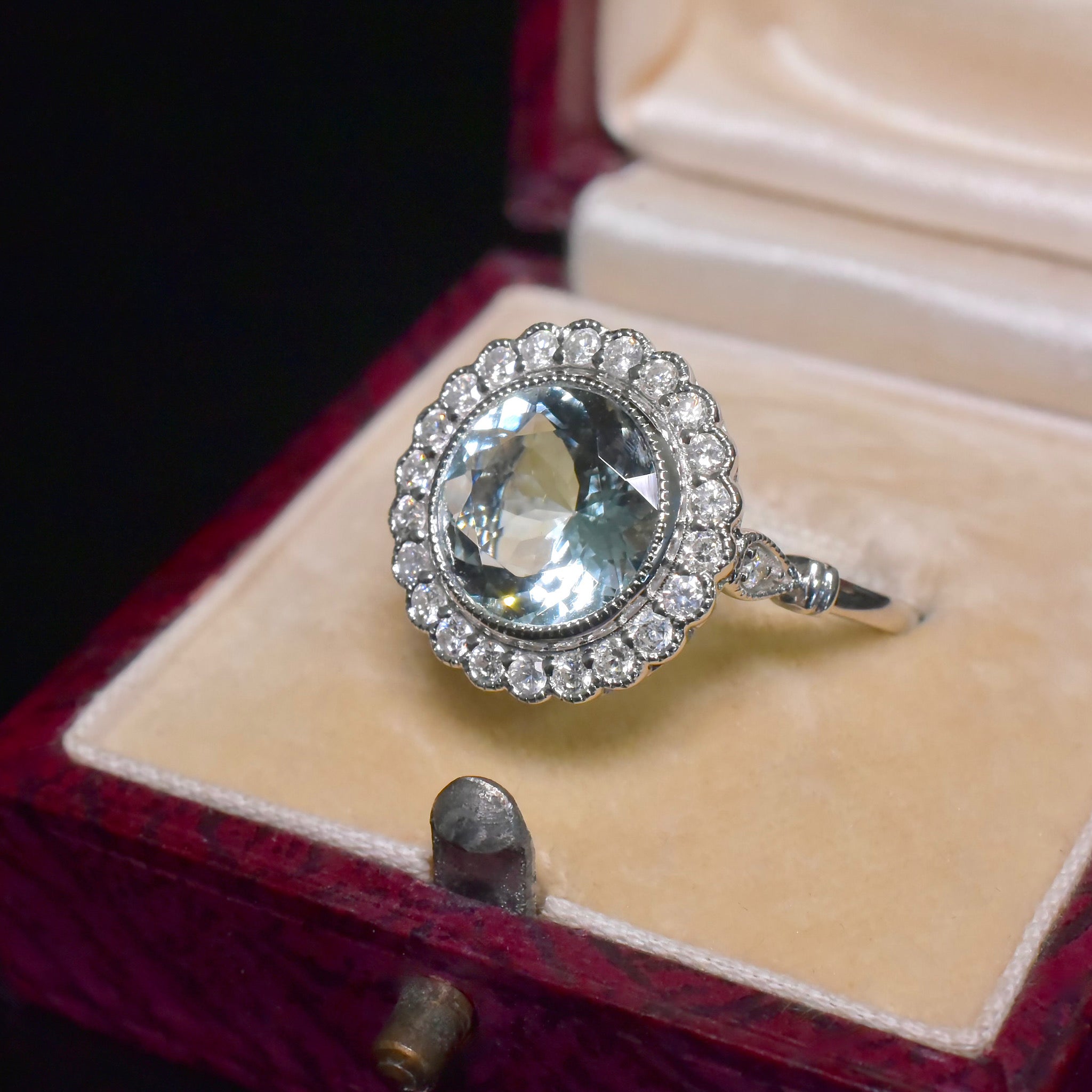 Modern 14ct White Gold Aquamarine And Diamond Daisy Halo Cluster