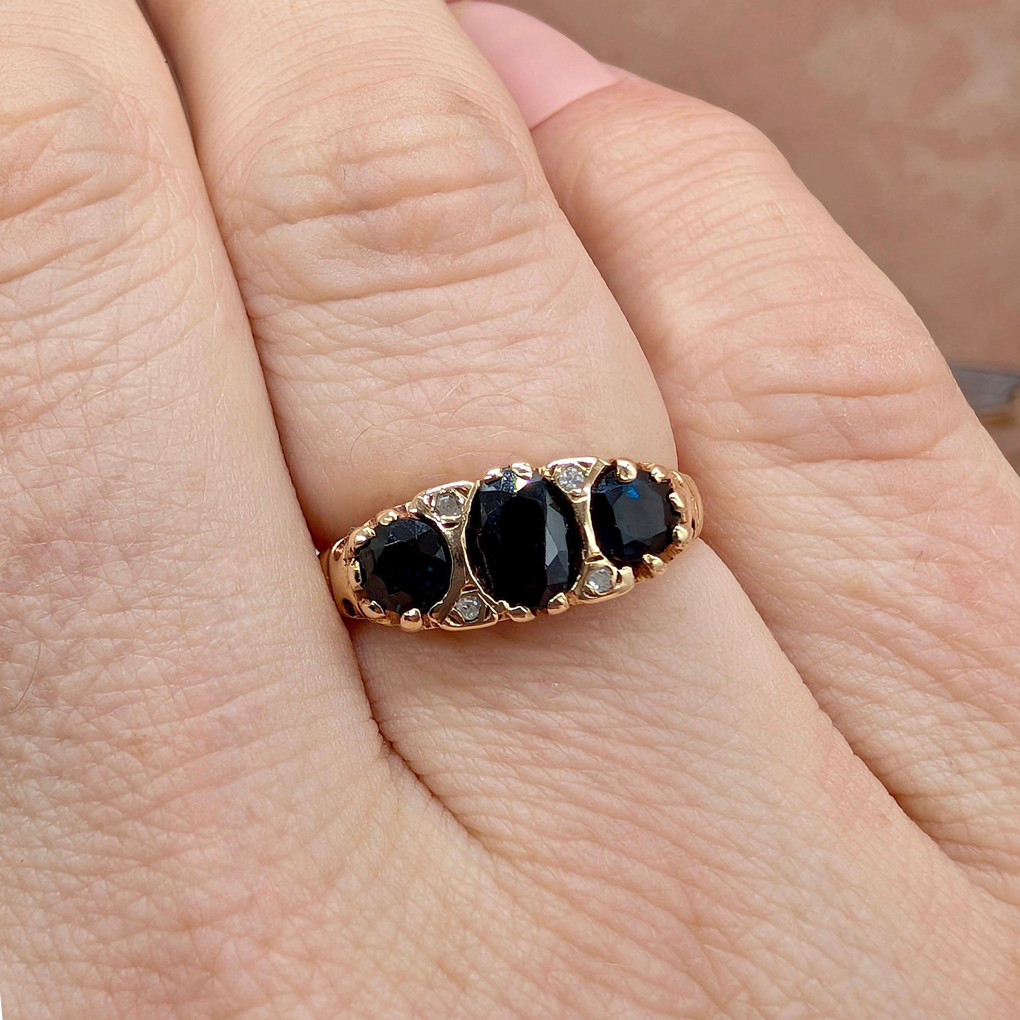 Vintage 9ct Yellow Gold Sapphire and Diamond Bridge Ring Birmingham 1978