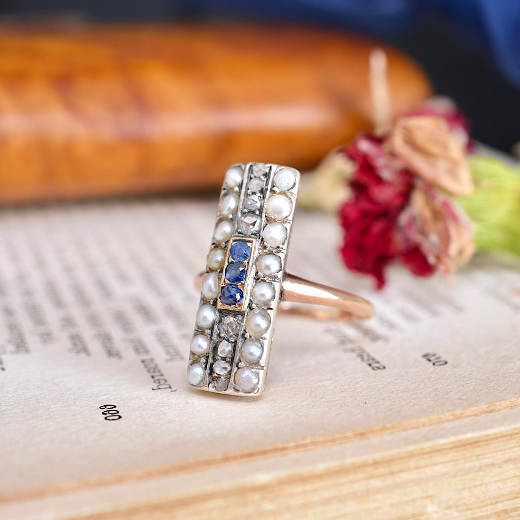 Art Deco Era 18ct Rose Gold Diamond Sapphire And Pearl Ring Circa 1920