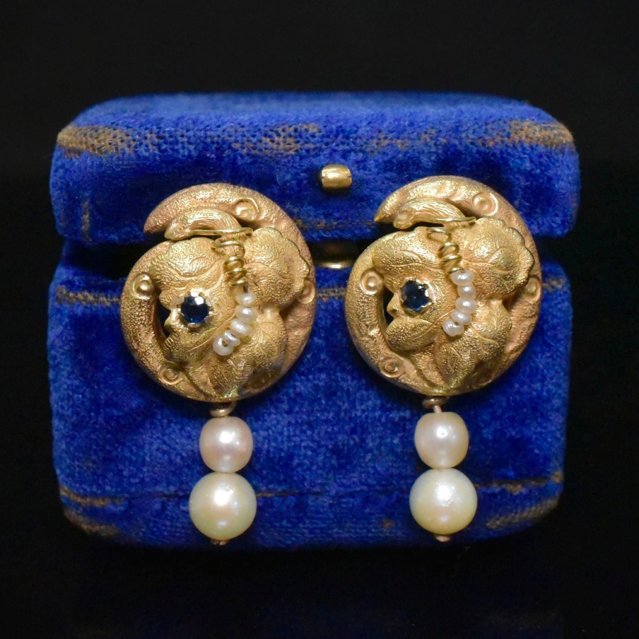 Superb Antique Victorian 18ct Yellow Gold Sapphire And Pearl Earrings - Circa 1880-90