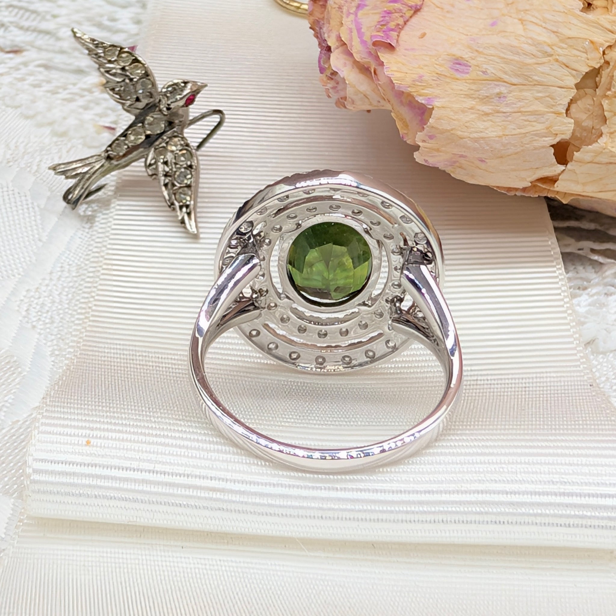 Stunning Contemporary 14ct White Gold Green Sapphire & Diamond Double Halo Ring. Independent Gemmological Valuation included $16,100 AUD