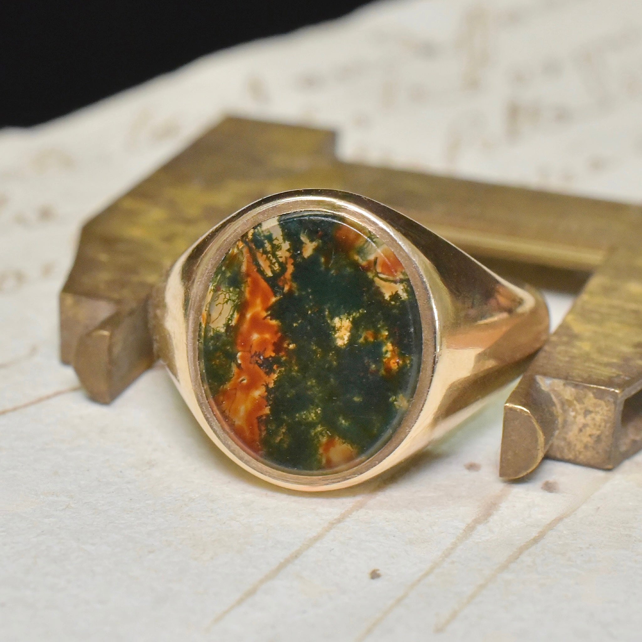 Vintage 9ct Yellow Gold Moss Agate Signet Ring - Birmingham 1977