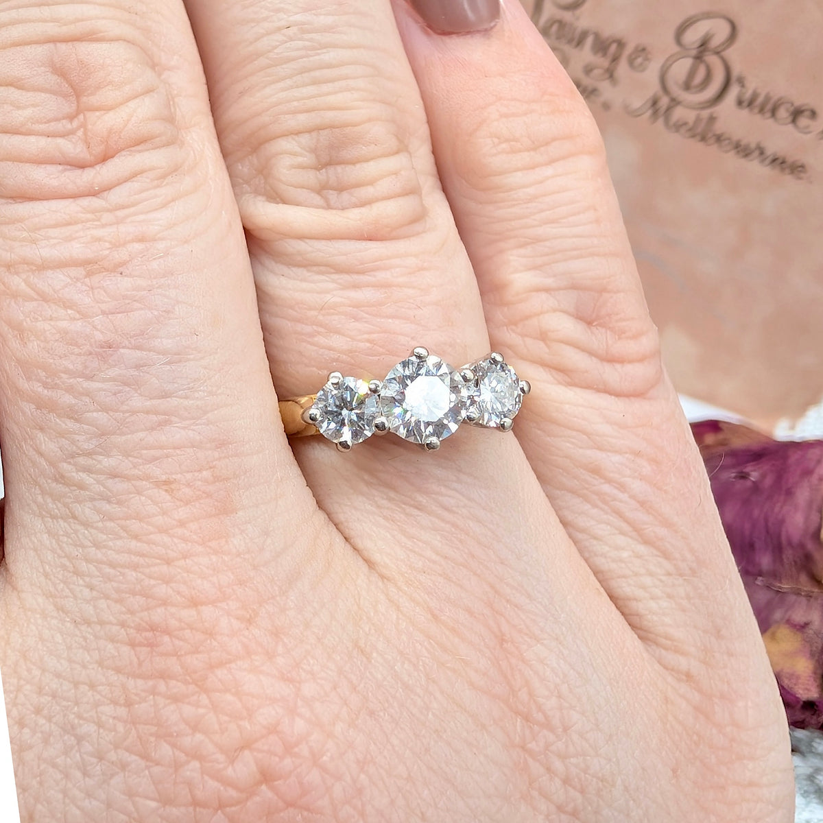 Modern 18ct Yellow Gold Diamond Trilogy Ring TDW 1.34ct Complete With A 2005 Insurance Replacement For $11,500 AUD and Diamond Identification Certificate