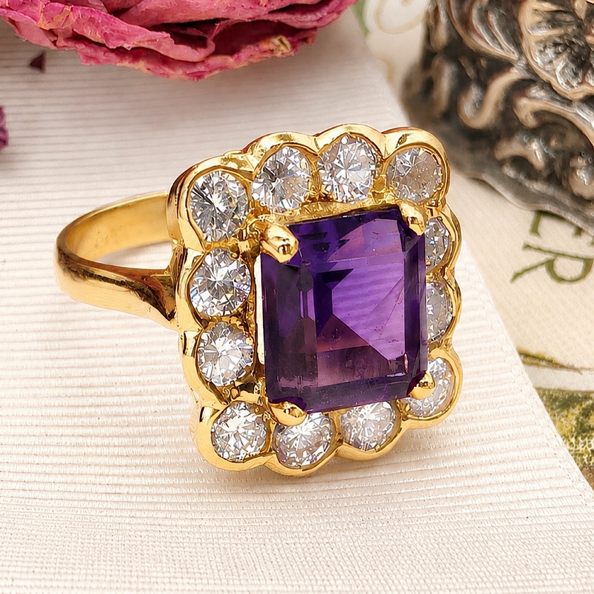 Superb Contemporary 18ct Yellow Gold Emerald-Cut Amethyst & Diamond Cluster Ring Complete with an Independent Valuation for $11,000 AUD