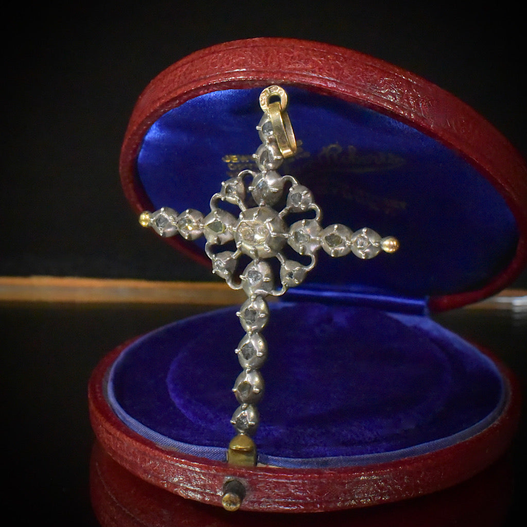 Antique Victorian ‘Flemish’ 14ct And Silver Rose-Cut / ‘Senaille’ Diamond Cross - Circa 1860-80