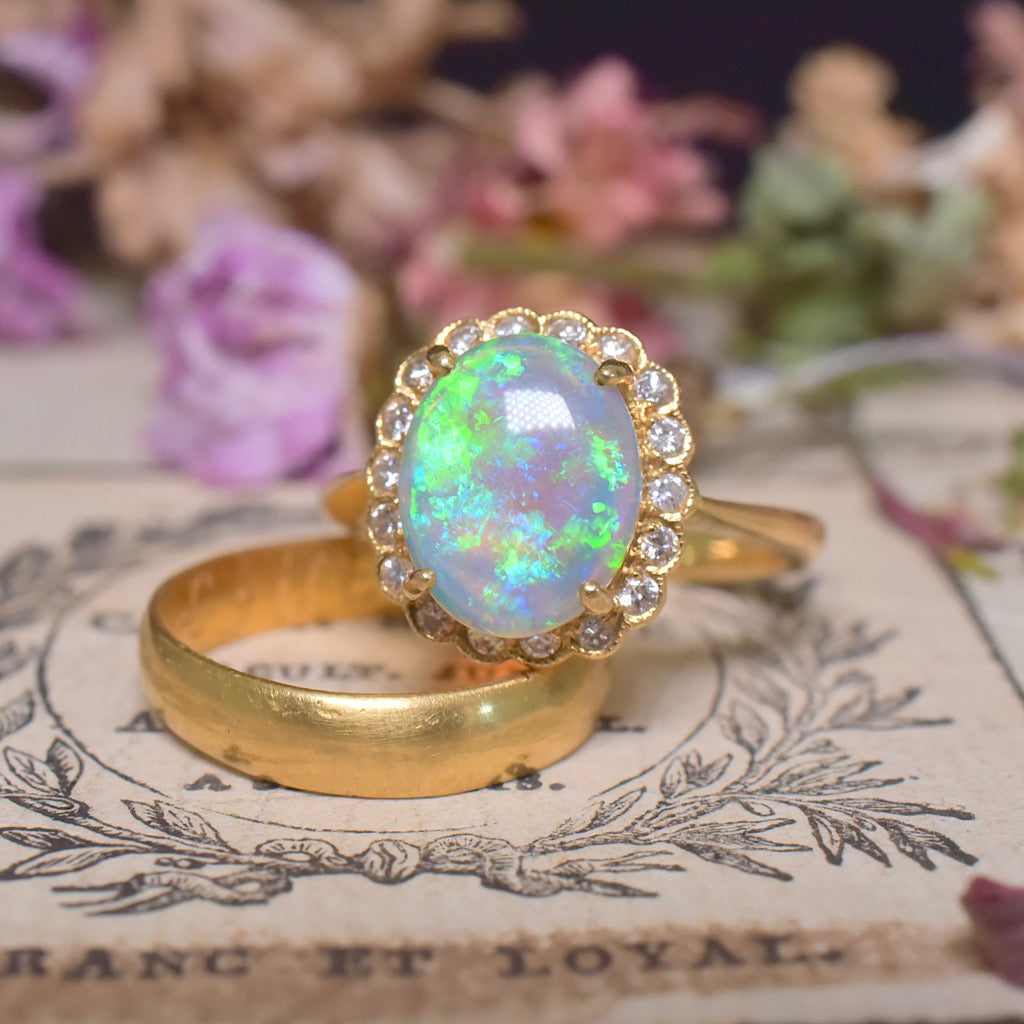 Modern 18ct Yellow Gold Solid Dark Crystal Opal And Diamond Ring