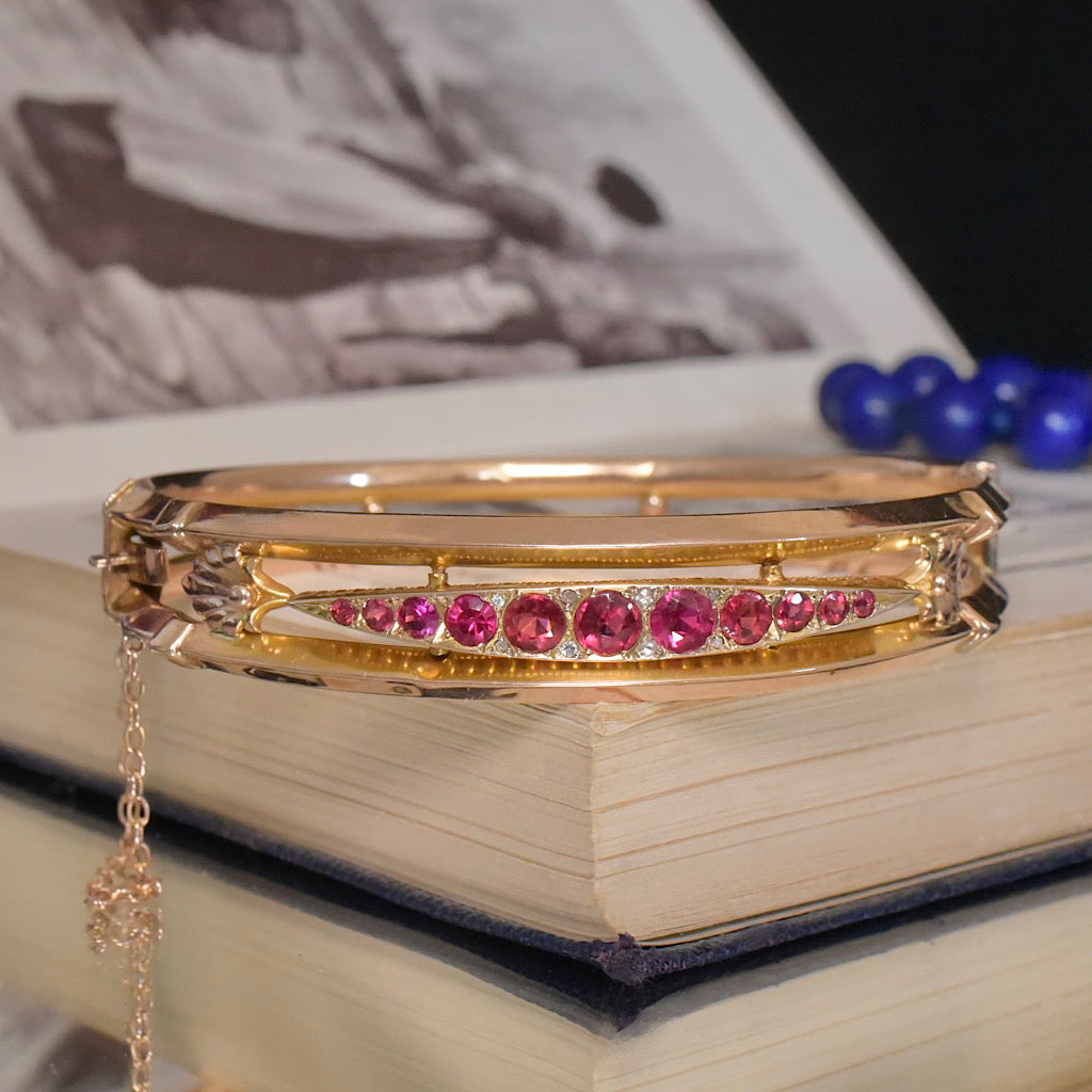 Antique Edwardian 9ct Rose Gold Garnet Topped Doublet & Diamond Bangle Circa 1910