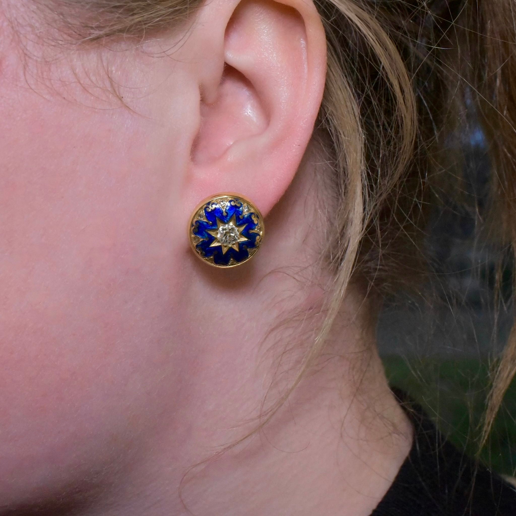 Modern 18ct Yellow Gold Diamond And Enamel Earrings