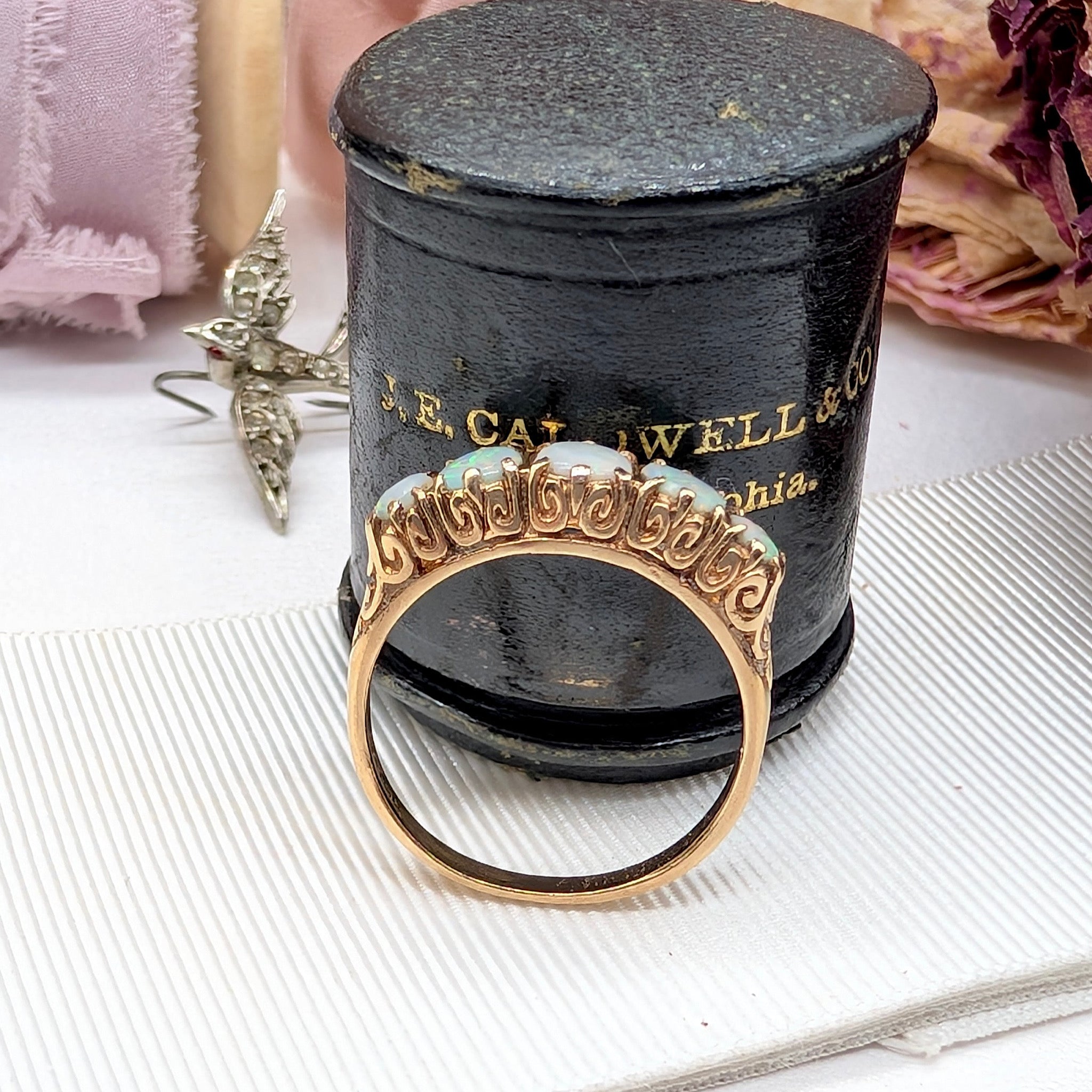 Antique Style 9ct Rose Gold Solid Opal Half Hoop Ring