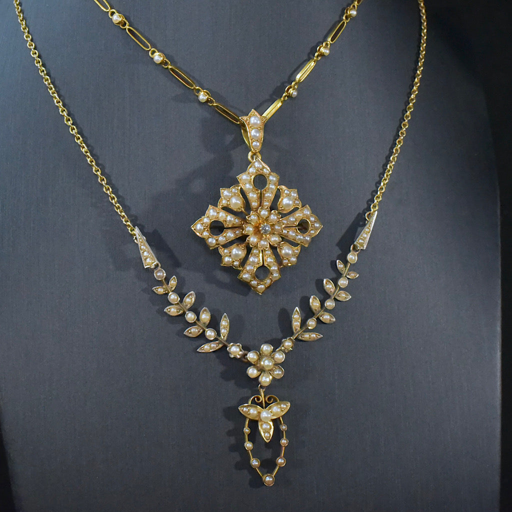 Antique Victorian Australian 18ct Yellow Gold Diamond And Pearl Starburst Pendant/Brooch And Necklace C1890-1900 By S. Schlank, S. Schlank and Co.