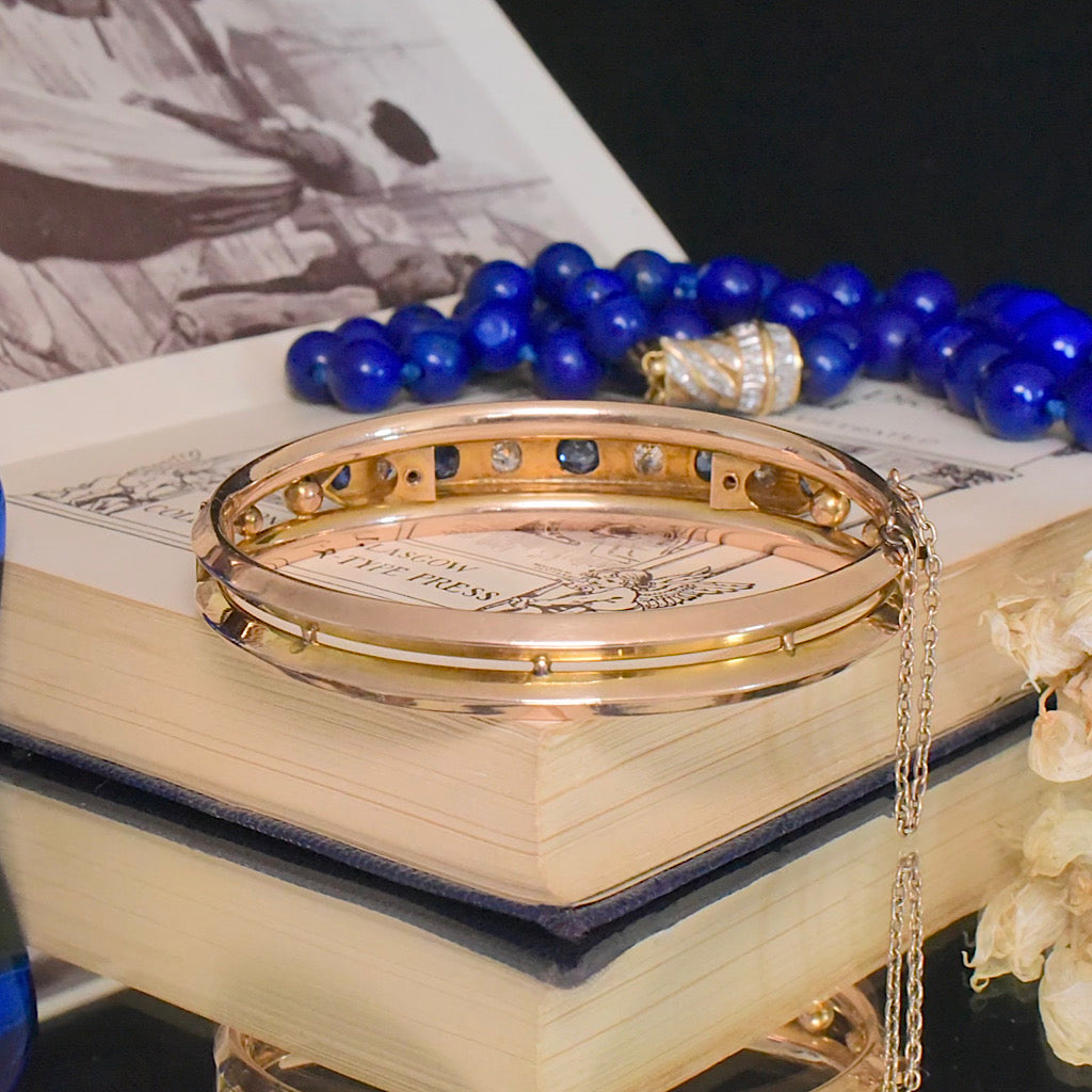 Antique Edwardian 9ct Yellow Gold Sapphire And Diamond Bangle Circa 1910 Independent Gemmological Valuation for $8000 AUD Included With Purchase