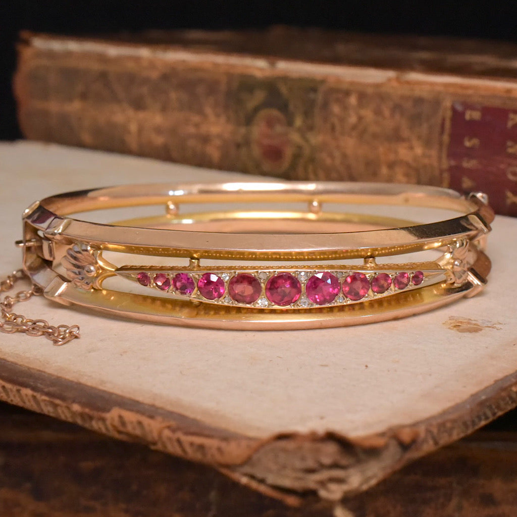 Antique Edwardian 9ct Rose Gold Garnet Topped Doublet & Diamond Bangle Circa 1910
